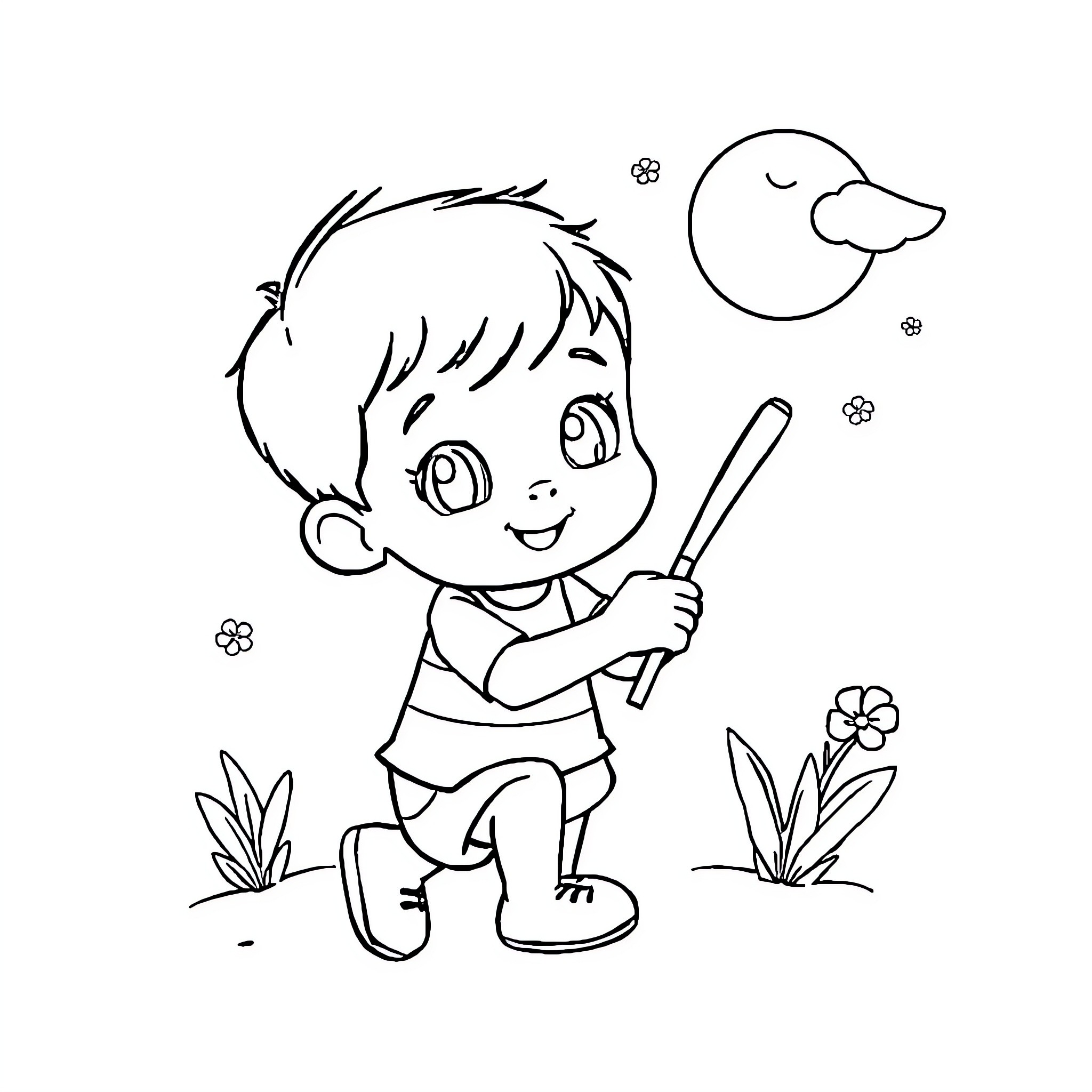 Children Worksheet - Boy Playing with Stick in Nature Coloring Page (free black-and-white line drawing printable PDF for all, from beginners to advanced learners, including children, teens, adults, and seniors)