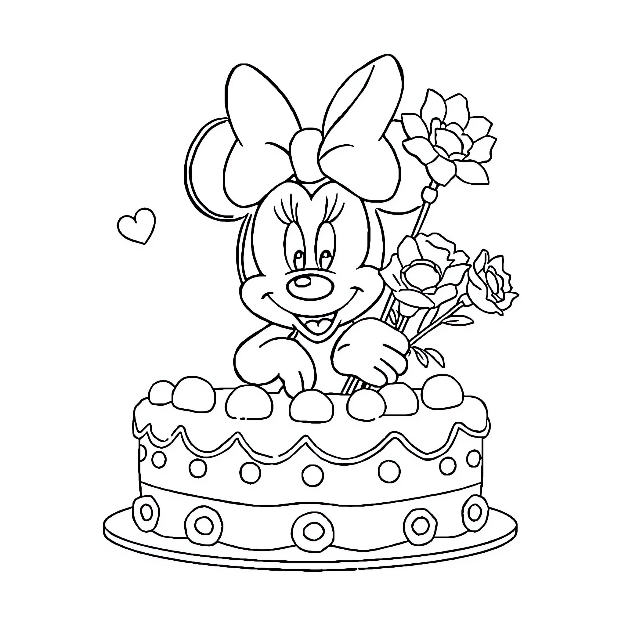 Minnie and her birthday cake with flowers Coloring Page (free black-and-white line drawing printable PDF for all, from beginners to advanced learners, including children, teens, adults, and seniors)