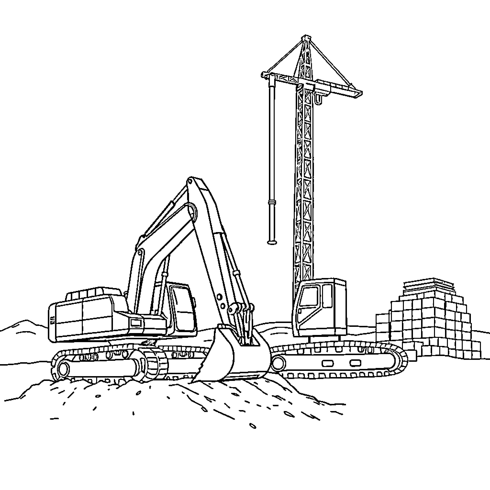 Excavator at construction site with crane Coloring Page (free black-and-white line drawing printable PDF for all, from beginners to advanced learners, including children, teens, adults, and seniors)