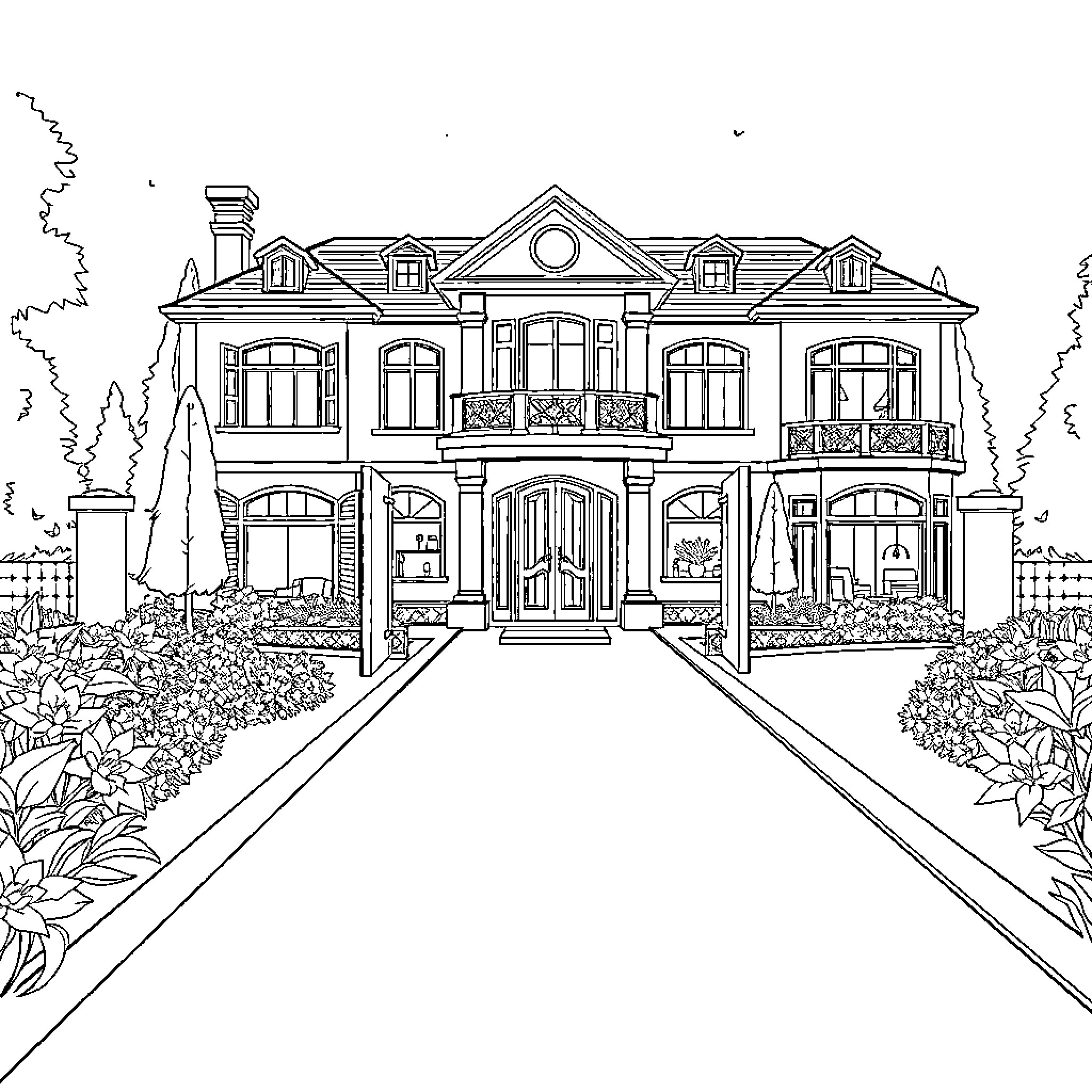 Mansion with Elaborate Architecture and Manicured Grounds Coloring Page (free black-and-white line drawing printable PDF for all, from beginners to advanced learners, including children, teens, adults, and seniors)