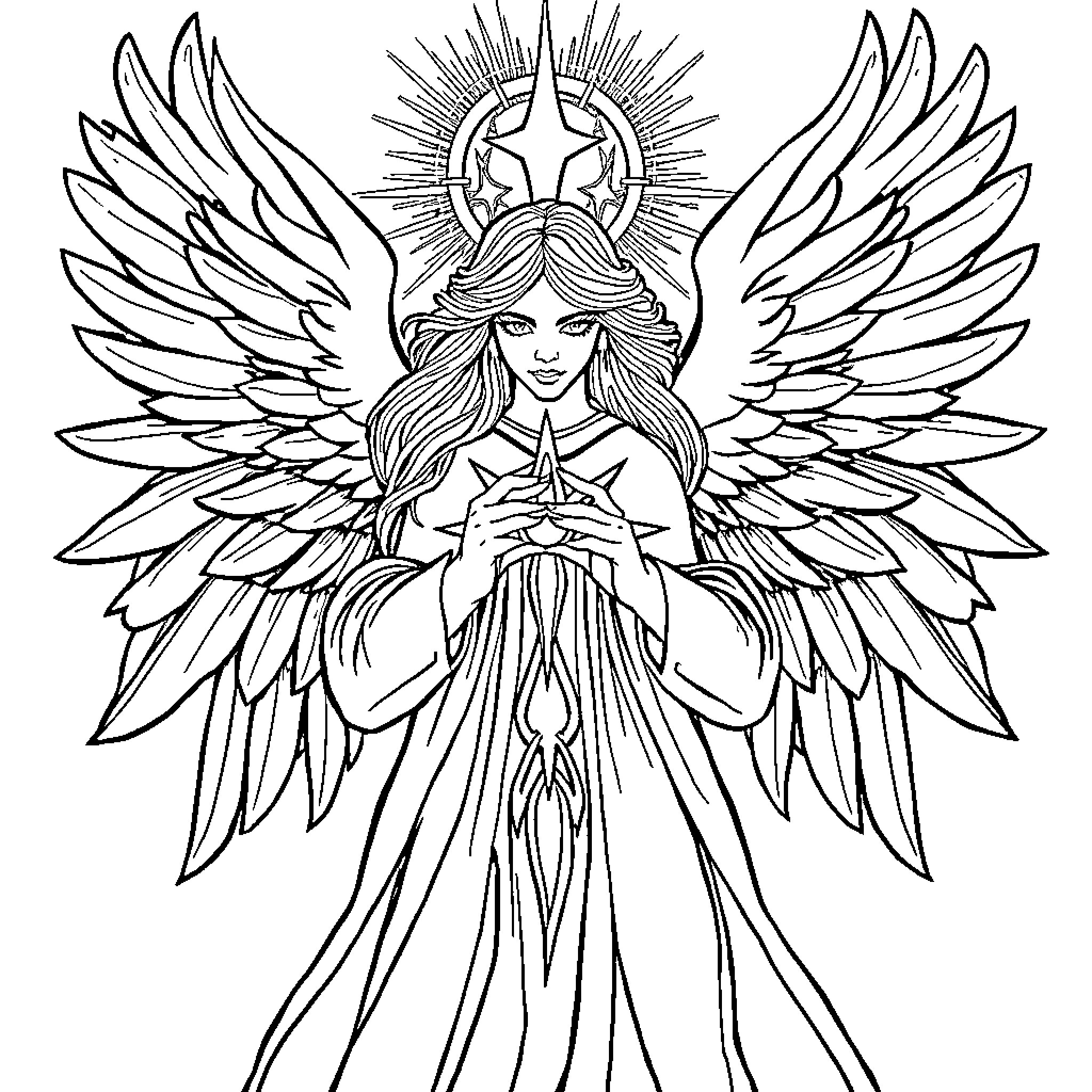 Angel with Outstretched Wings and Radiant Star Coloring Page (free black-and-white line drawing printable PDF for all, from beginners to advanced learners, including children, teens, adults, and seniors)