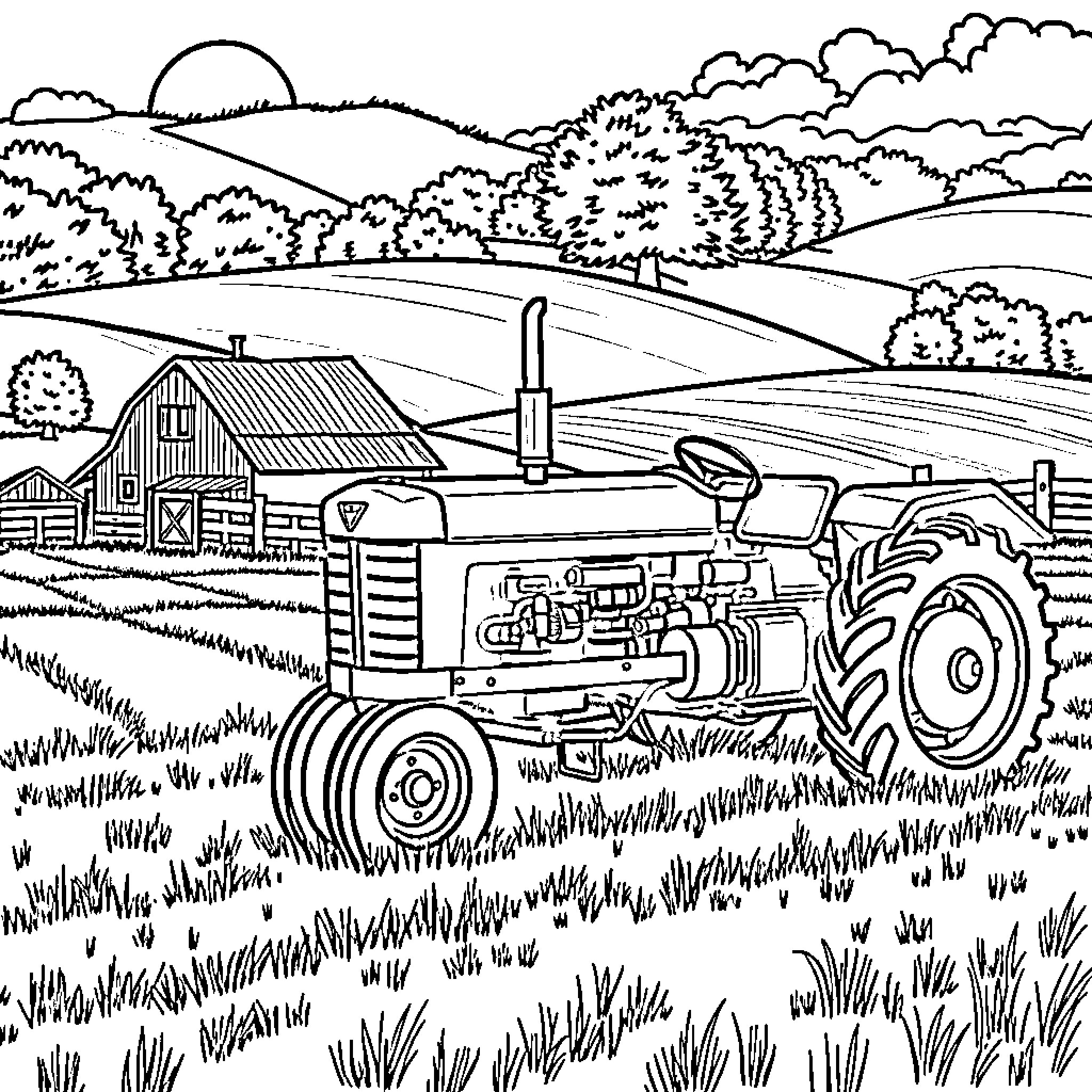 Tractor working in the rural farmland landscape Coloring Page (free black-and-white line drawing printable PDF for all, from beginners to advanced learners, including children, teens, adults, and seniors)