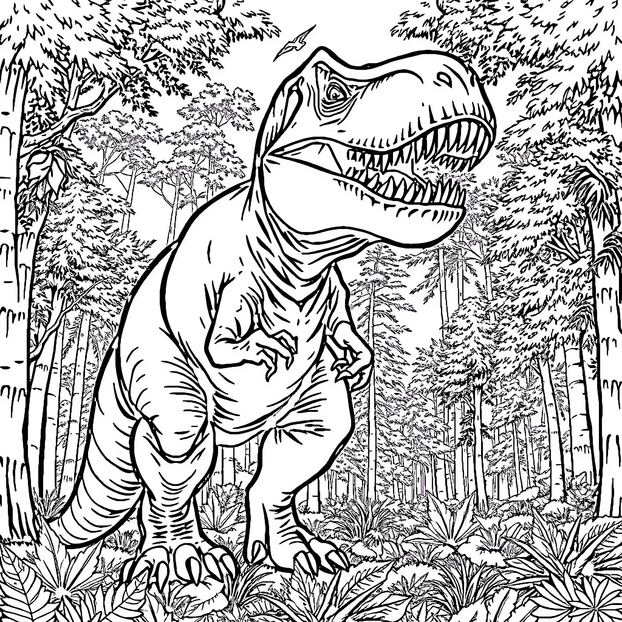 T-Rex roaring fiercely in a dense jungle Coloring Page (free black-and-white line drawing printable PDF for all, from beginners to advanced learners, including children, teens, adults, and seniors)