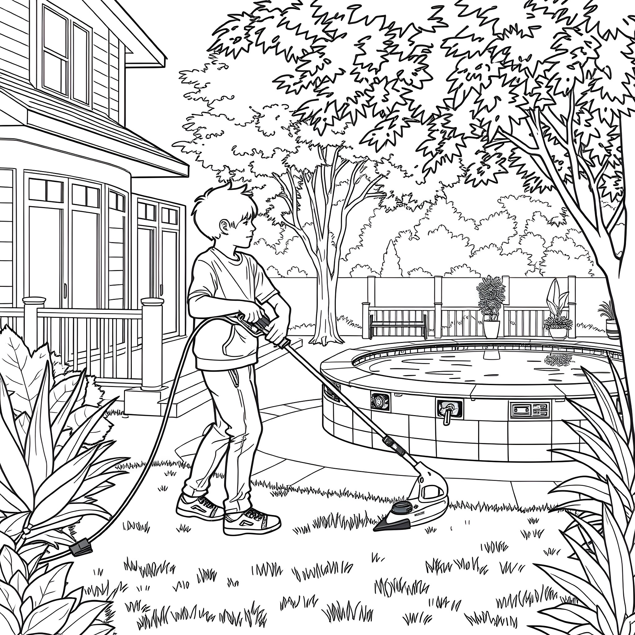 Teen Guy Mowing the Lawn Near Backyard Pool Coloring Page (free black-and-white line drawing printable PDF for all, from beginners to advanced learners, including children, teens, adults, and seniors)