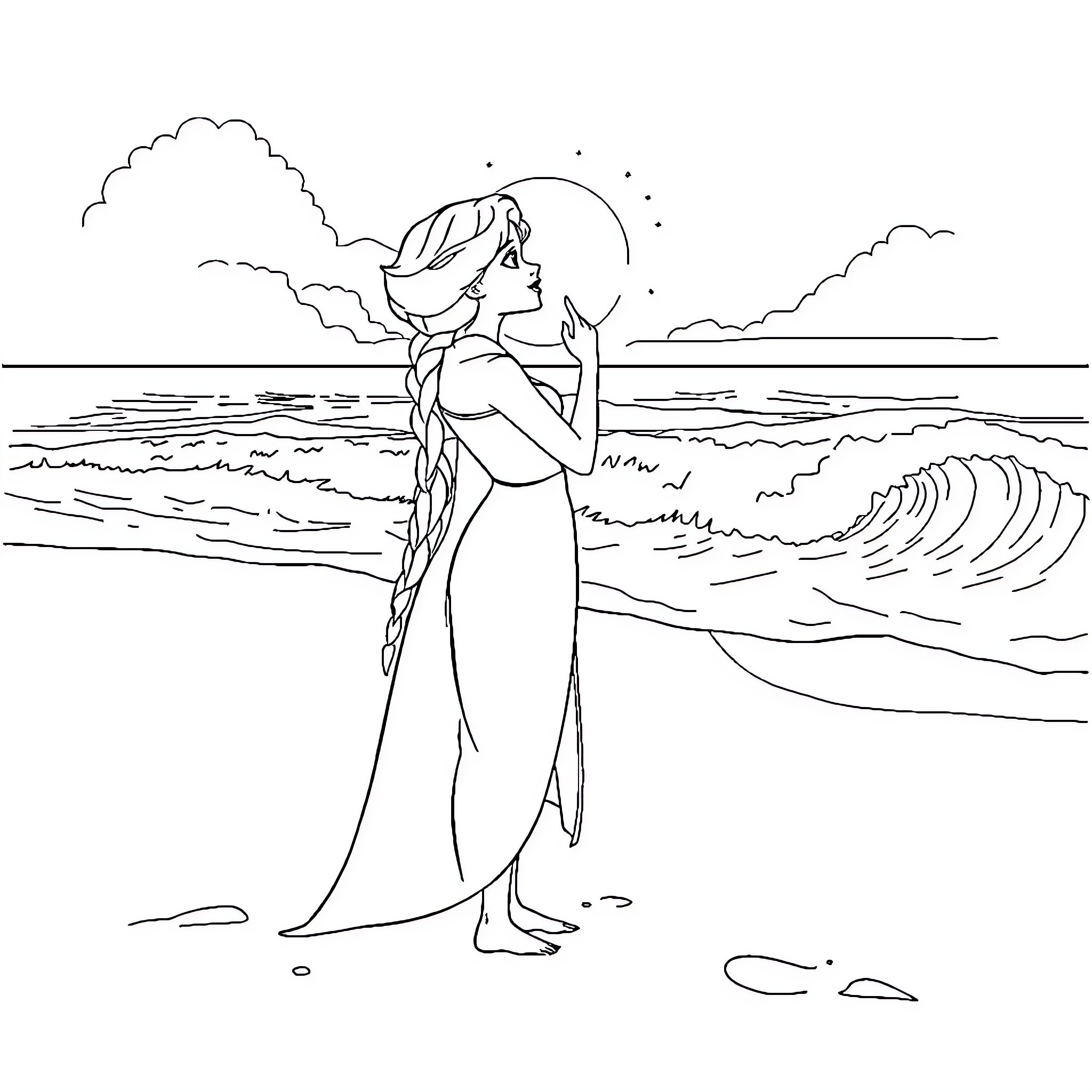 Elsa enjoying a serene beach at sunset Coloring Page (free black-and-white line drawing printable PDF for all, from beginners to advanced learners, including children, teens, adults, and seniors)