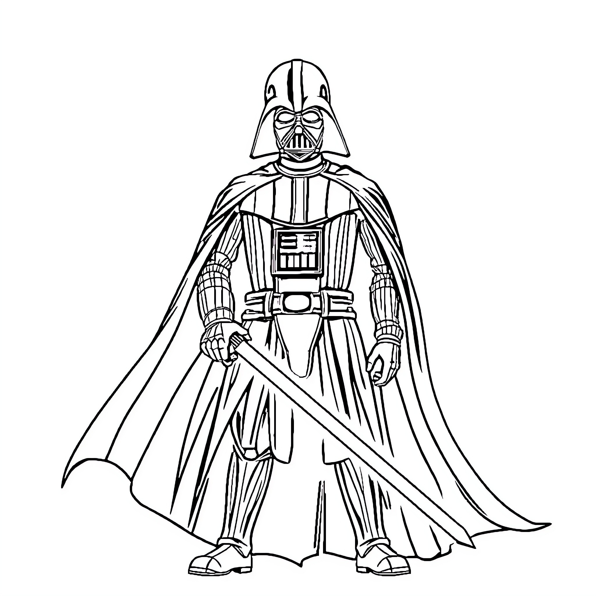 Darth Vader, the Galactic Overlord, in Iconic Pose Coloring Page (free black-and-white line drawing printable PDF for all, from beginners to advanced learners, including children, teens, adults, and seniors)