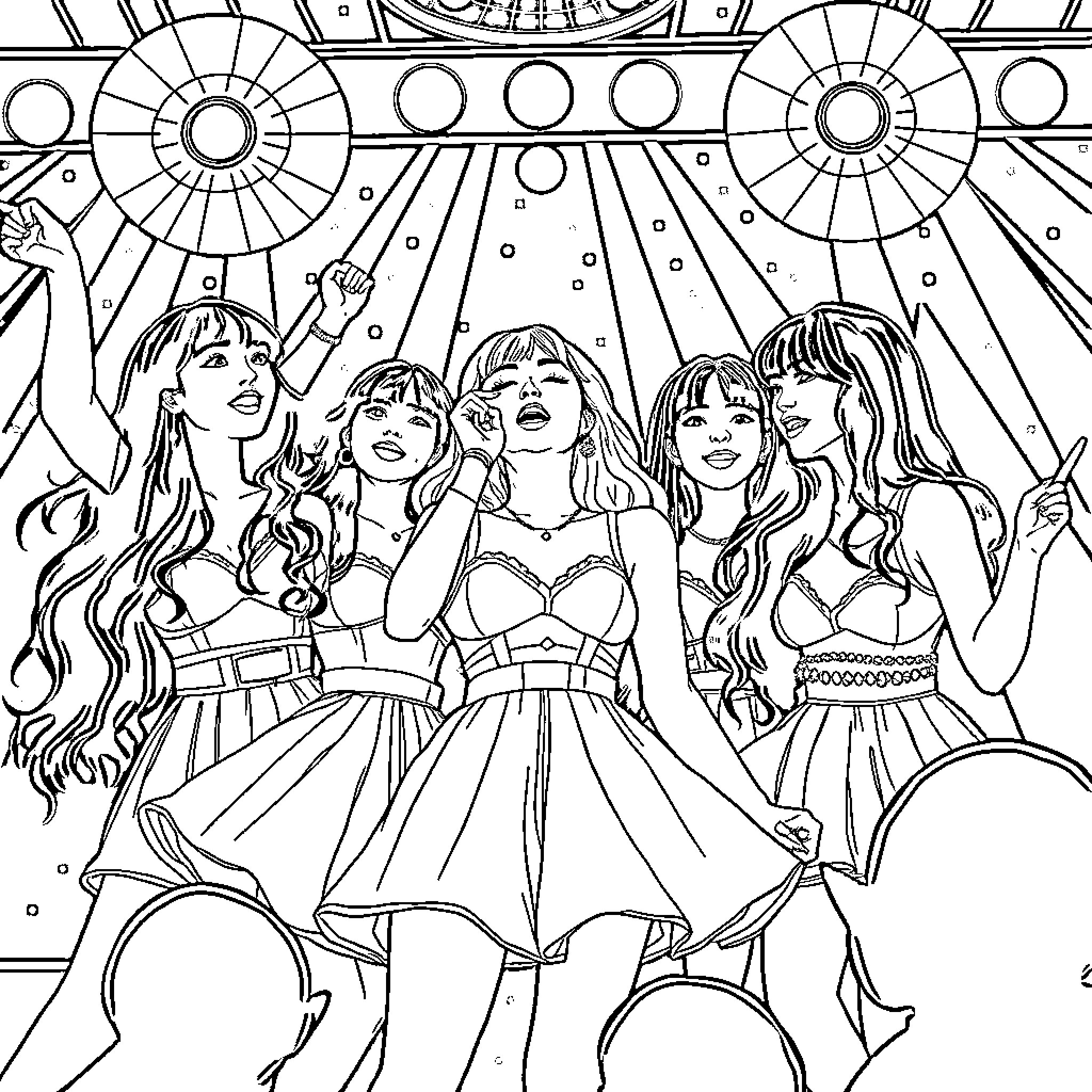 K Pop Group Performing on Stage with Vibrant Lights Coloring Page (free black-and-white line drawing printable PDF for all, from beginners to advanced learners, including children, teens, adults, and seniors)