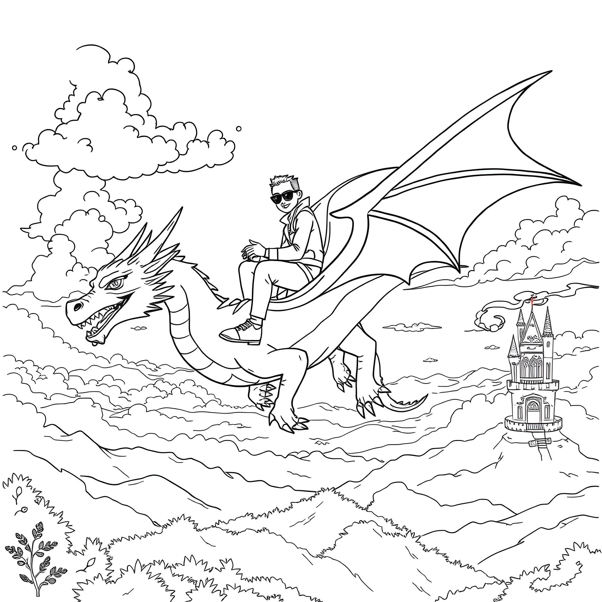 Dragon rider soaring over a fantasy landscape Coloring Page (free black-and-white line drawing printable PDF for all, from beginners to advanced learners, including children, teens, adults, and seniors)
