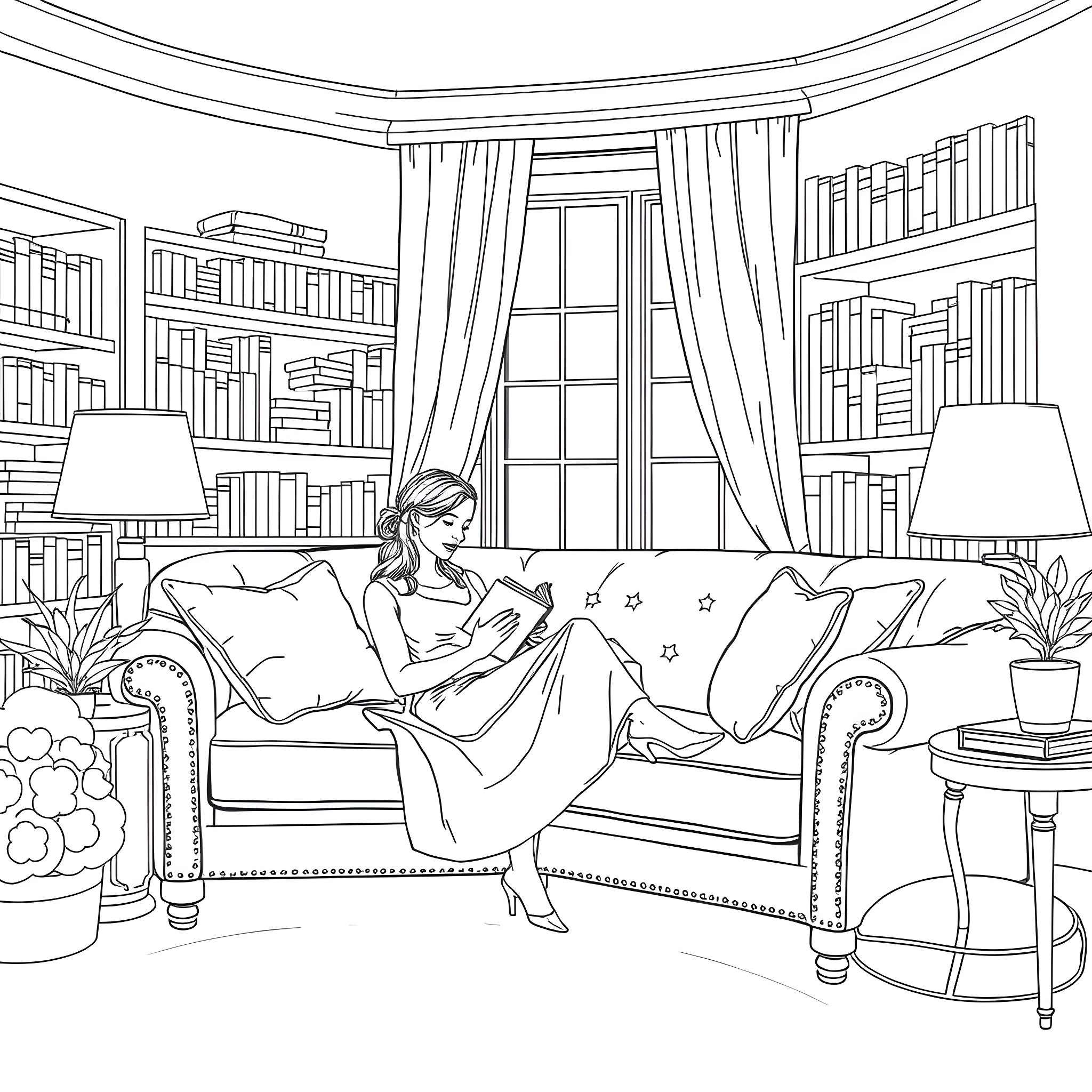Woman relaxing on a couch in a cozy library Coloring Page (free black-and-white line drawing printable PDF for all, from beginners to advanced learners, including children, teens, adults, and seniors)