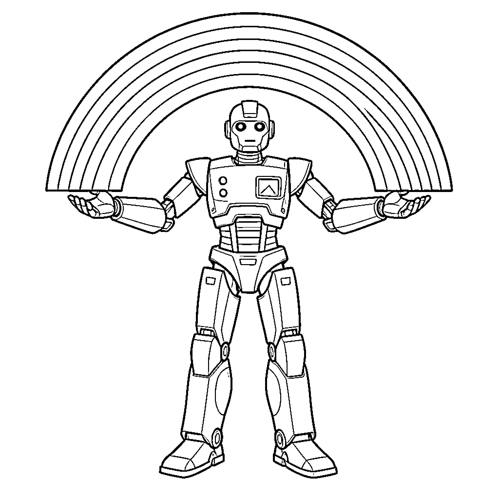 Robot holding a large rainbow overhead Coloring Page (free black-and-white line drawing printable PDF for all, from beginners to advanced learners, including children, teens, adults, and seniors)