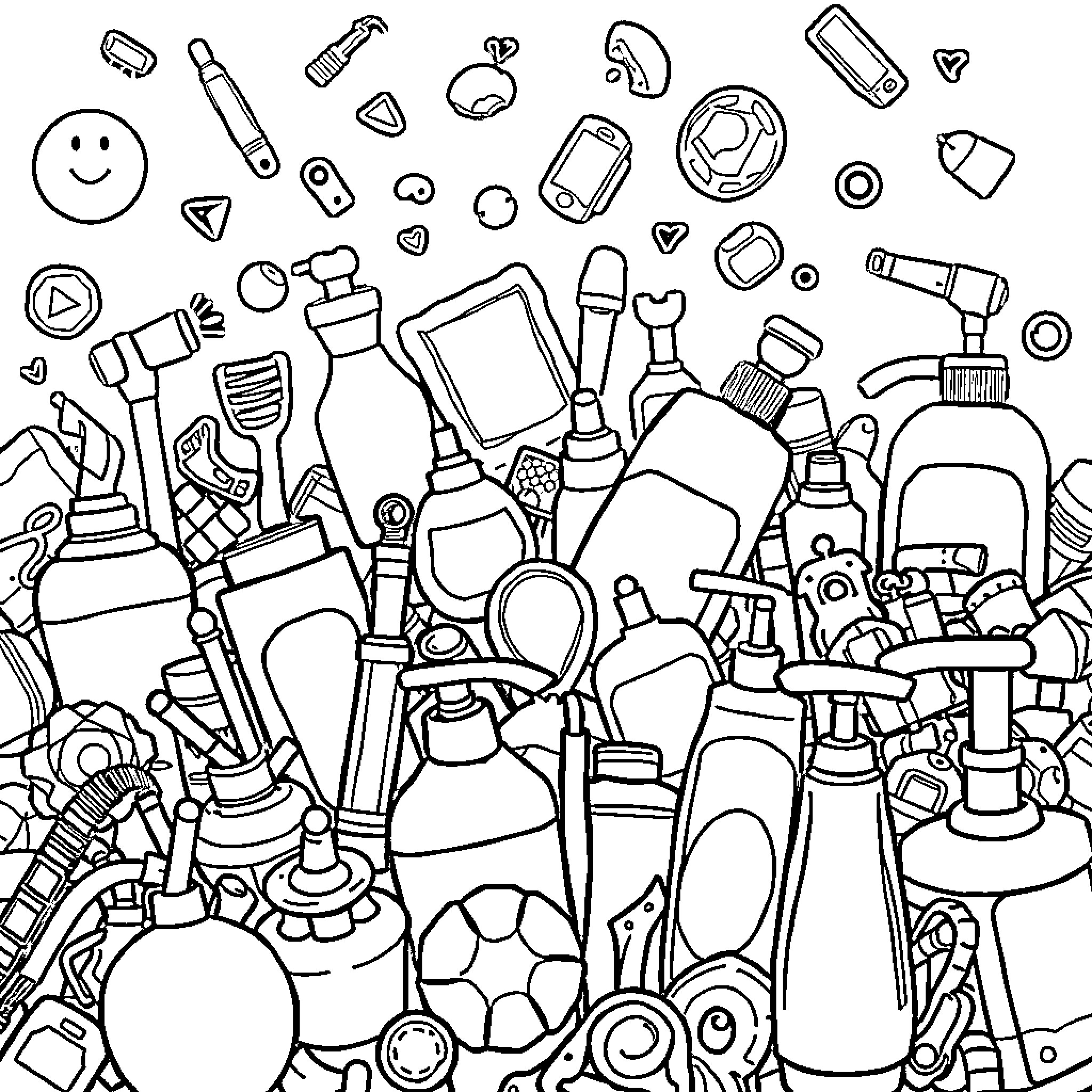 Oggetti - Assortment of Everyday Objects Coloring Page (free black-and-white line drawing printable PDF for all, from beginners to advanced learners, including children, teens, adults, and seniors)