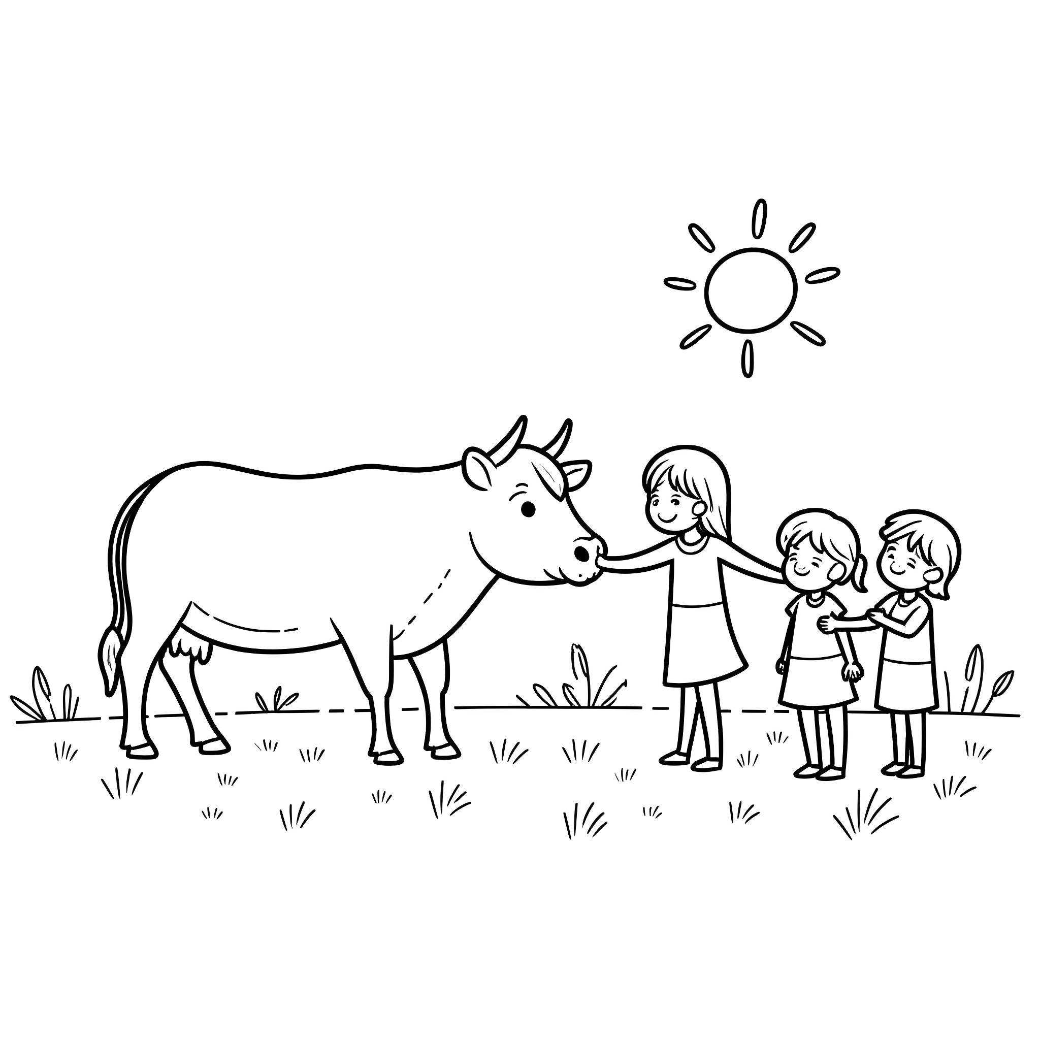Cow and children playing happily outdoors Coloring Page (free black-and-white line drawing printable PDF for all, from beginners to advanced learners, including children, teens, adults, and seniors)