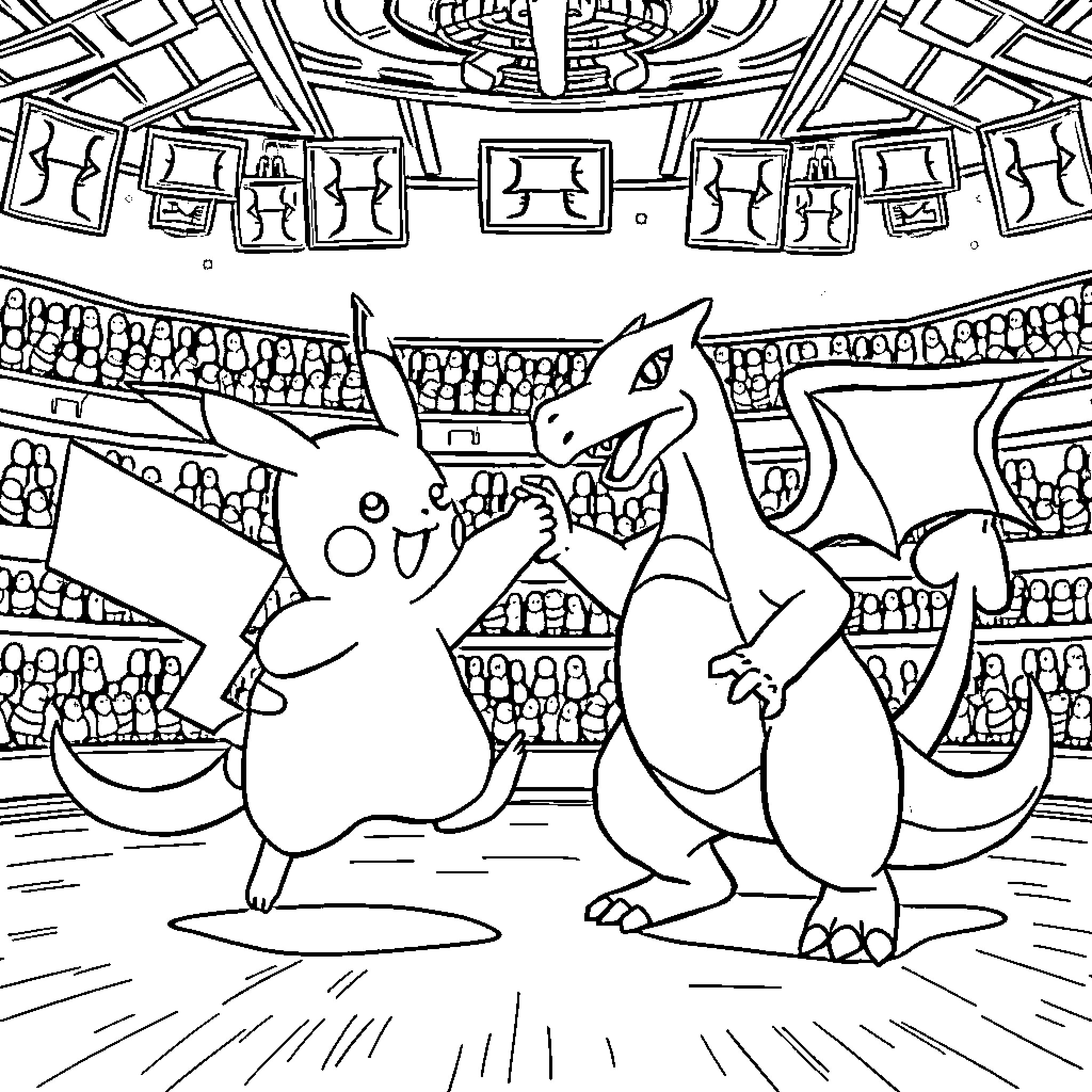 Pikachu and Charizard in an epic Pokemon battle Coloring Page (free black-and-white line drawing printable PDF for all, from beginners to advanced learners, including children, teens, adults, and seniors)