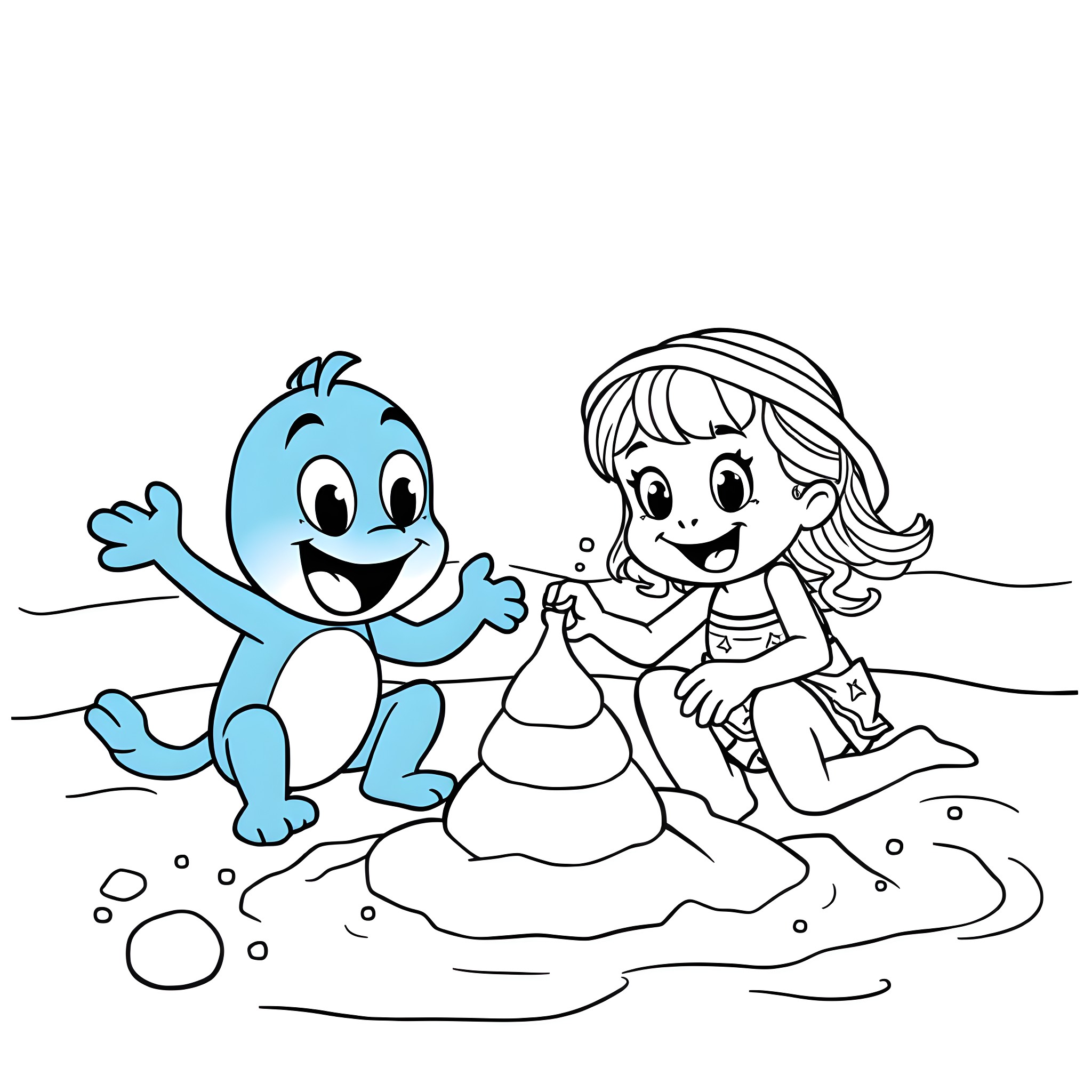 Bluey and friend playing happily in the sandbox Coloring Page (free black-and-white line drawing printable PDF for all, from beginners to advanced learners, including children, teens, adults, and seniors)