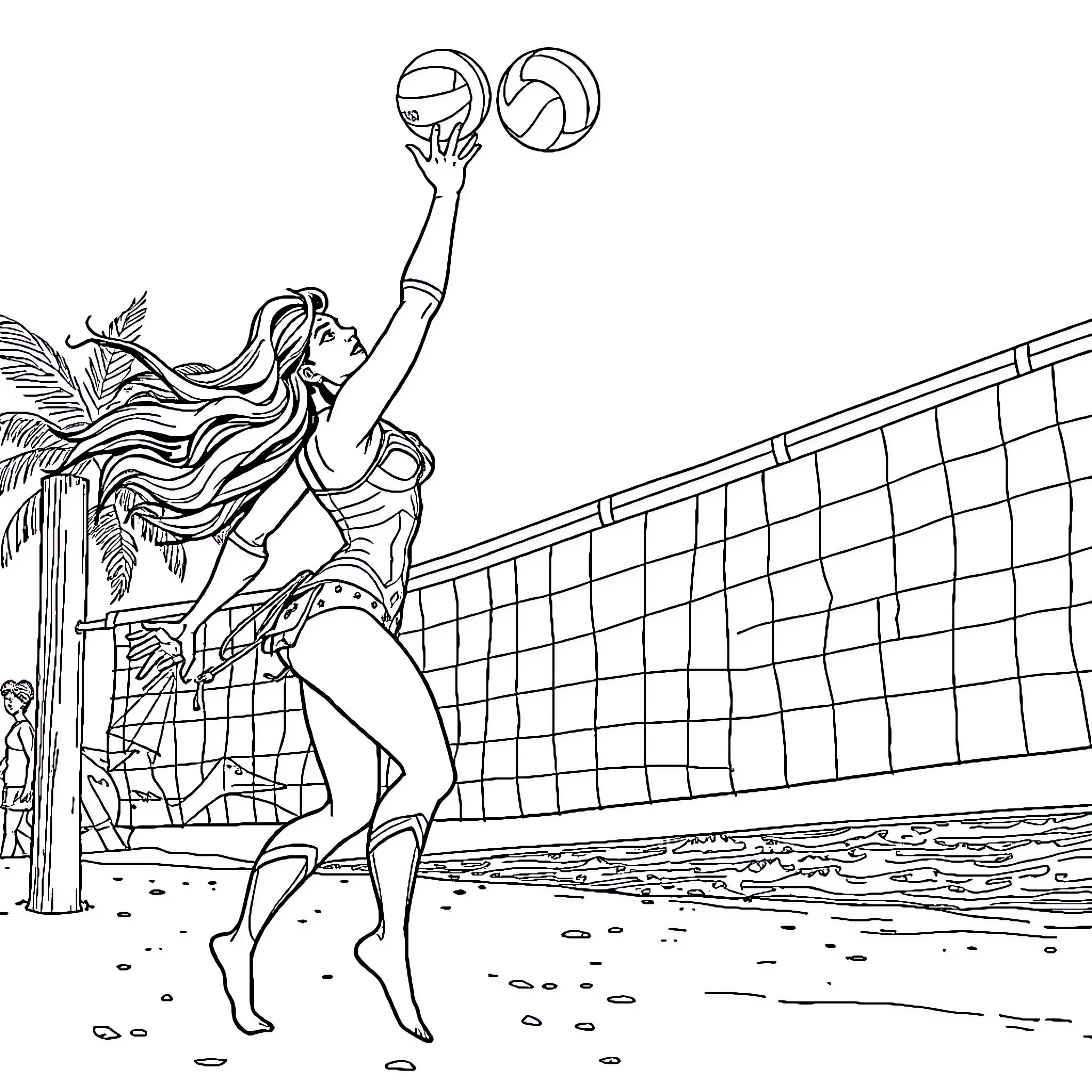 Wonder Woman playing volleyball on the beach Coloring Page (free black-and-white line drawing printable PDF for all, from beginners to advanced learners, including children, teens, adults, and seniors)
