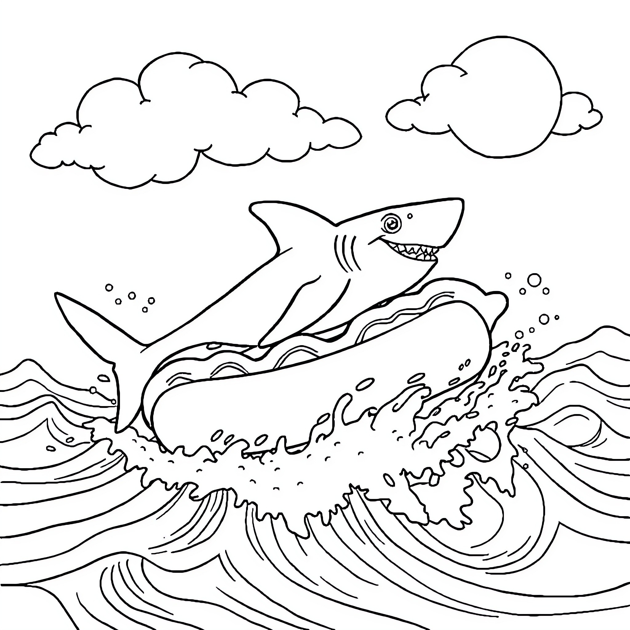 Shark jumping through waves in the ocean Coloring Page (free black-and-white line drawing printable PDF for all, from beginners to advanced learners, including children, teens, adults, and seniors)