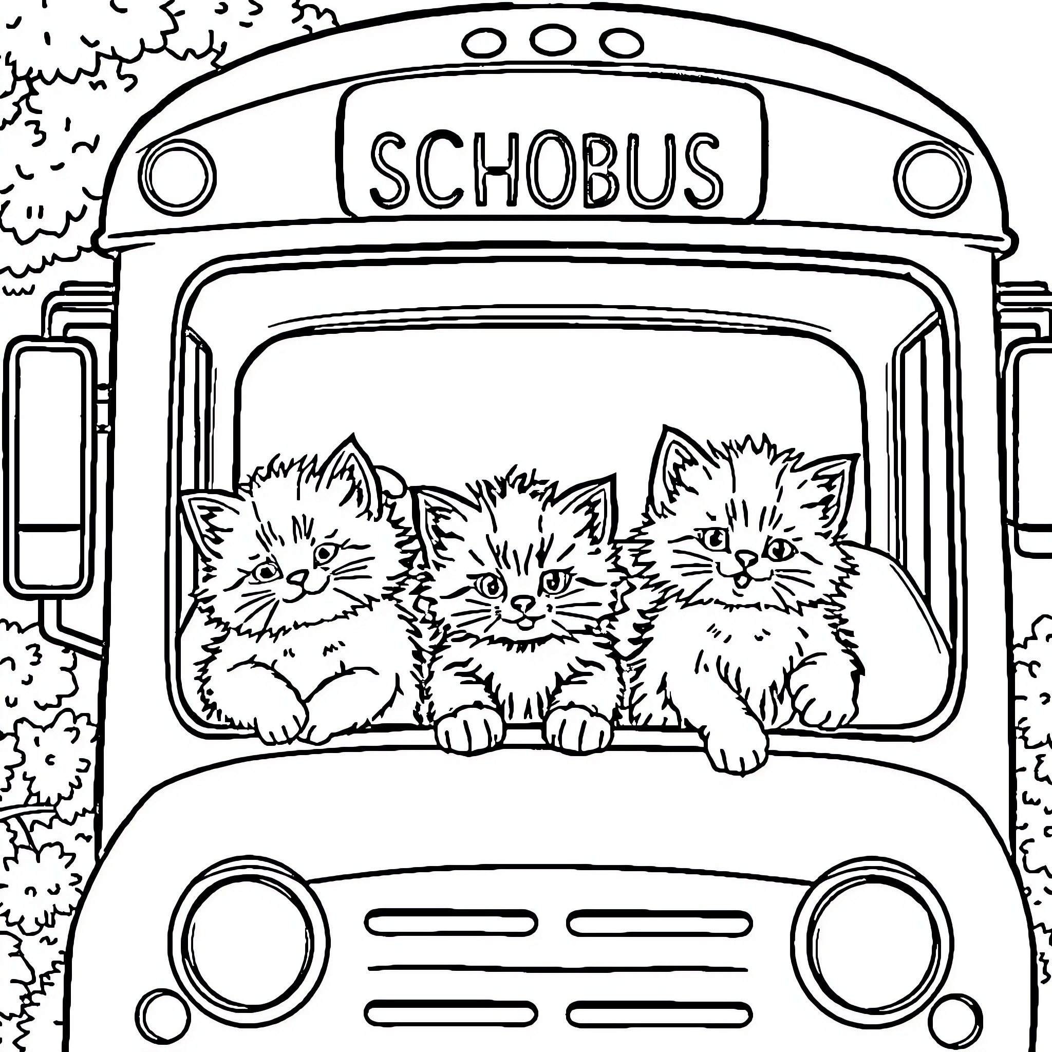 Kittens riding in a school bus Coloring Page (free black-and-white line drawing printable PDF for all, from beginners to advanced learners, including children, teens, adults, and seniors)