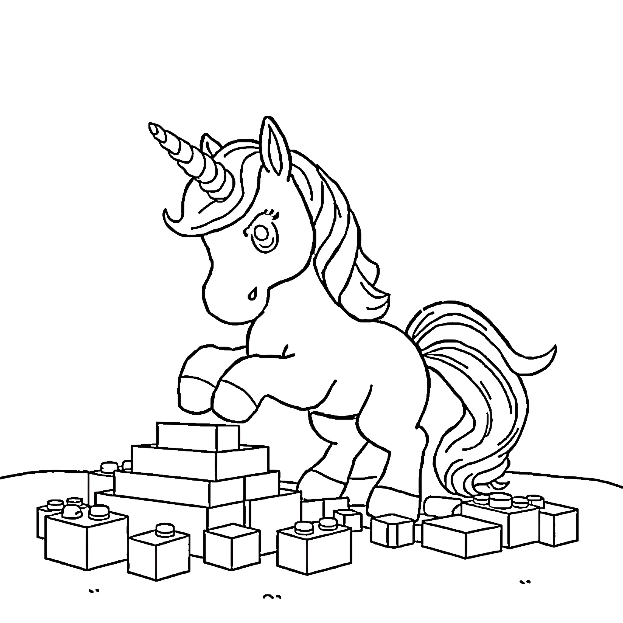 Unicorn playing joyfully with building blocks Coloring Page (free black-and-white line drawing printable PDF for all, from beginners to advanced learners, including children, teens, adults, and seniors)