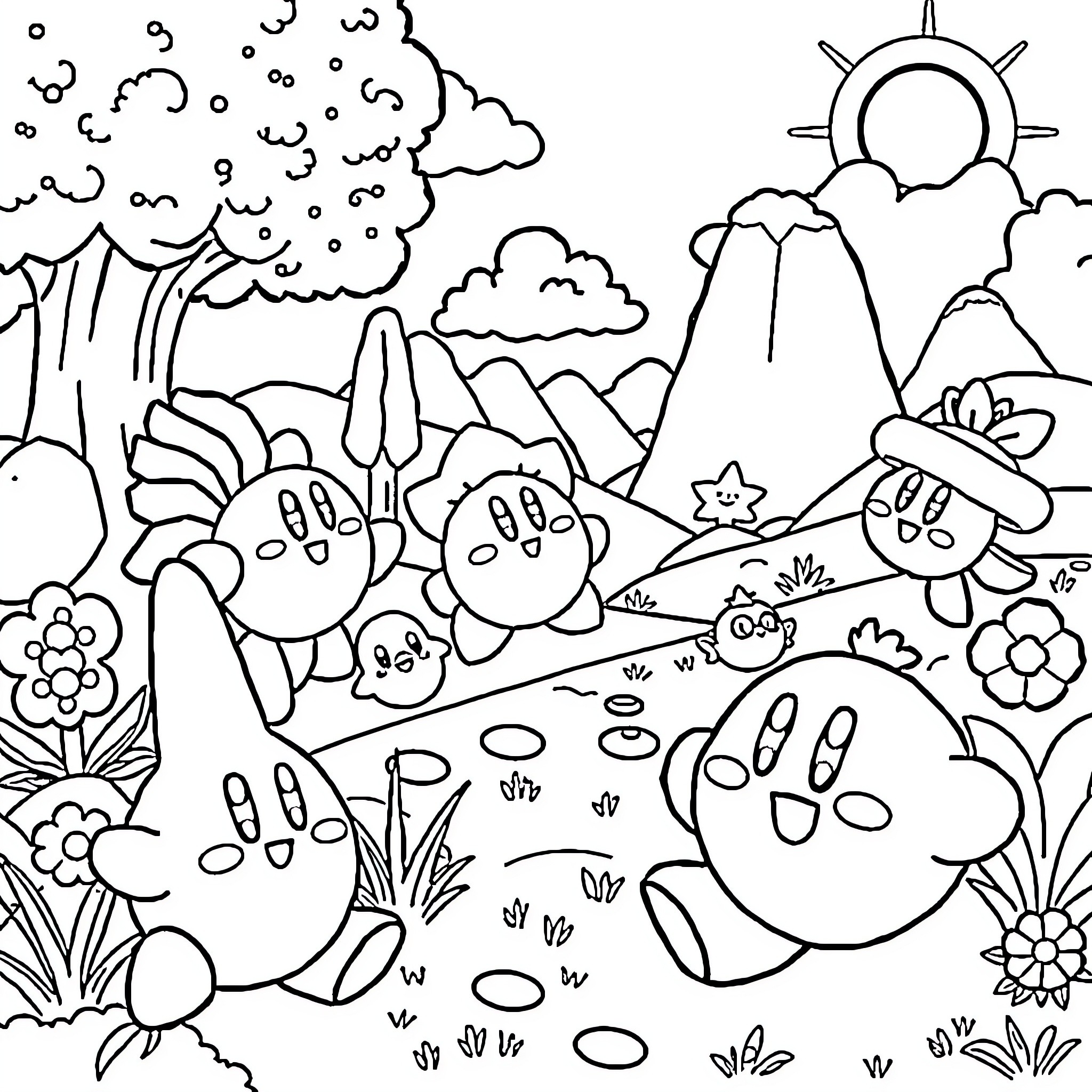 Kirby Playing in Whimsical Landscape Coloring Page (free black-and-white line drawing printable PDF for all, from beginners to advanced learners, including children, teens, adults, and seniors)
