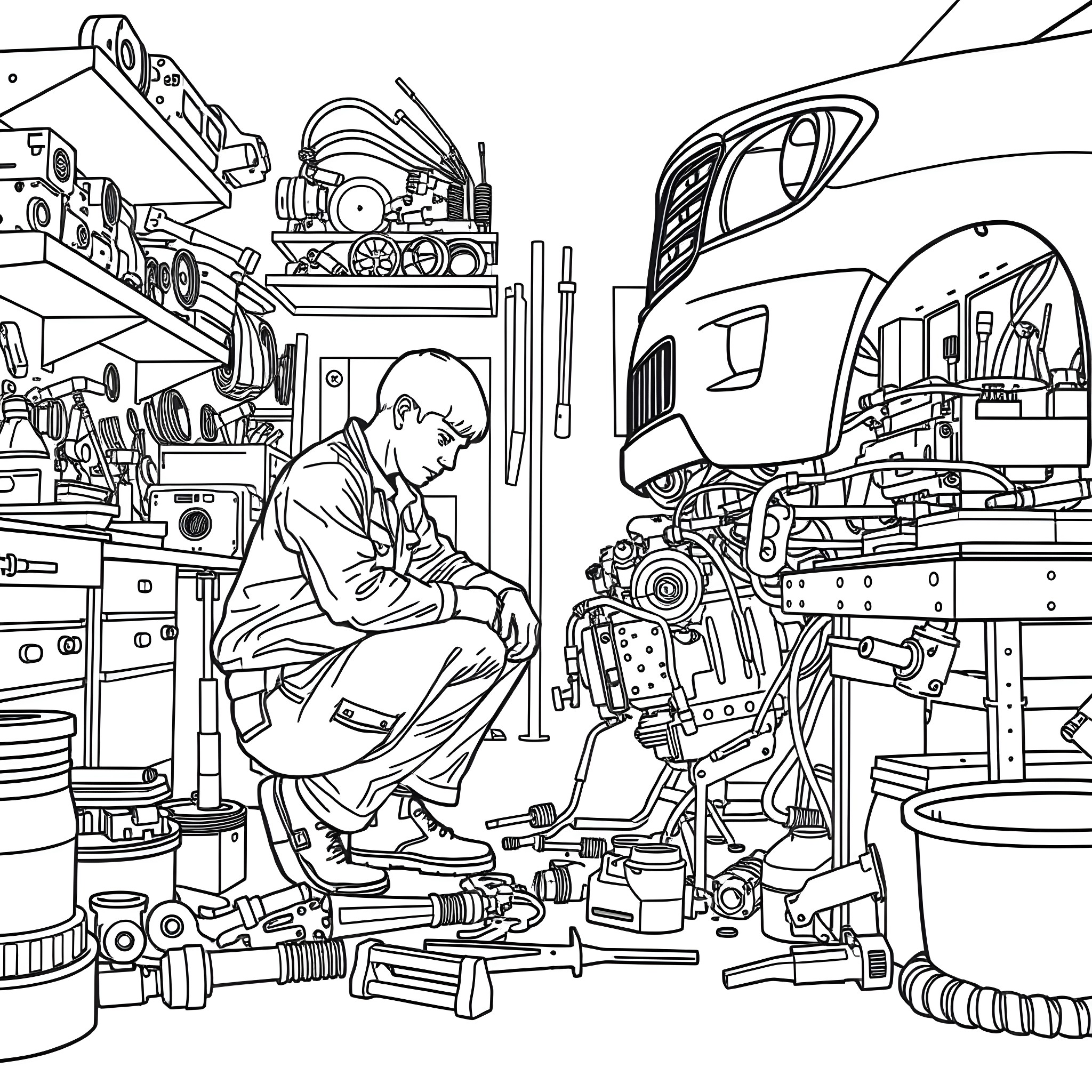 Mechanic repairing futuristic vehicle in cluttered workshop Coloring Page (free black-and-white line drawing printable PDF for all, from beginners to advanced learners, including children, teens, adults, and seniors)