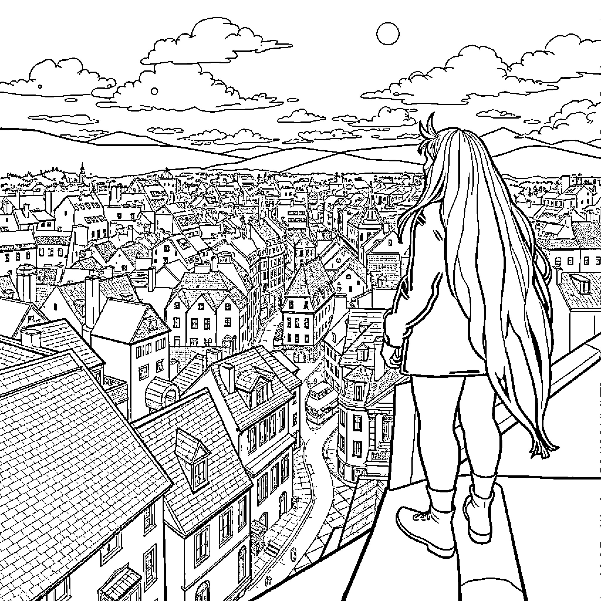 Venti overlooking the bustling city skyline Coloring Page (free black-and-white line drawing printable PDF for all, from beginners to advanced learners, including children, teens, adults, and seniors)