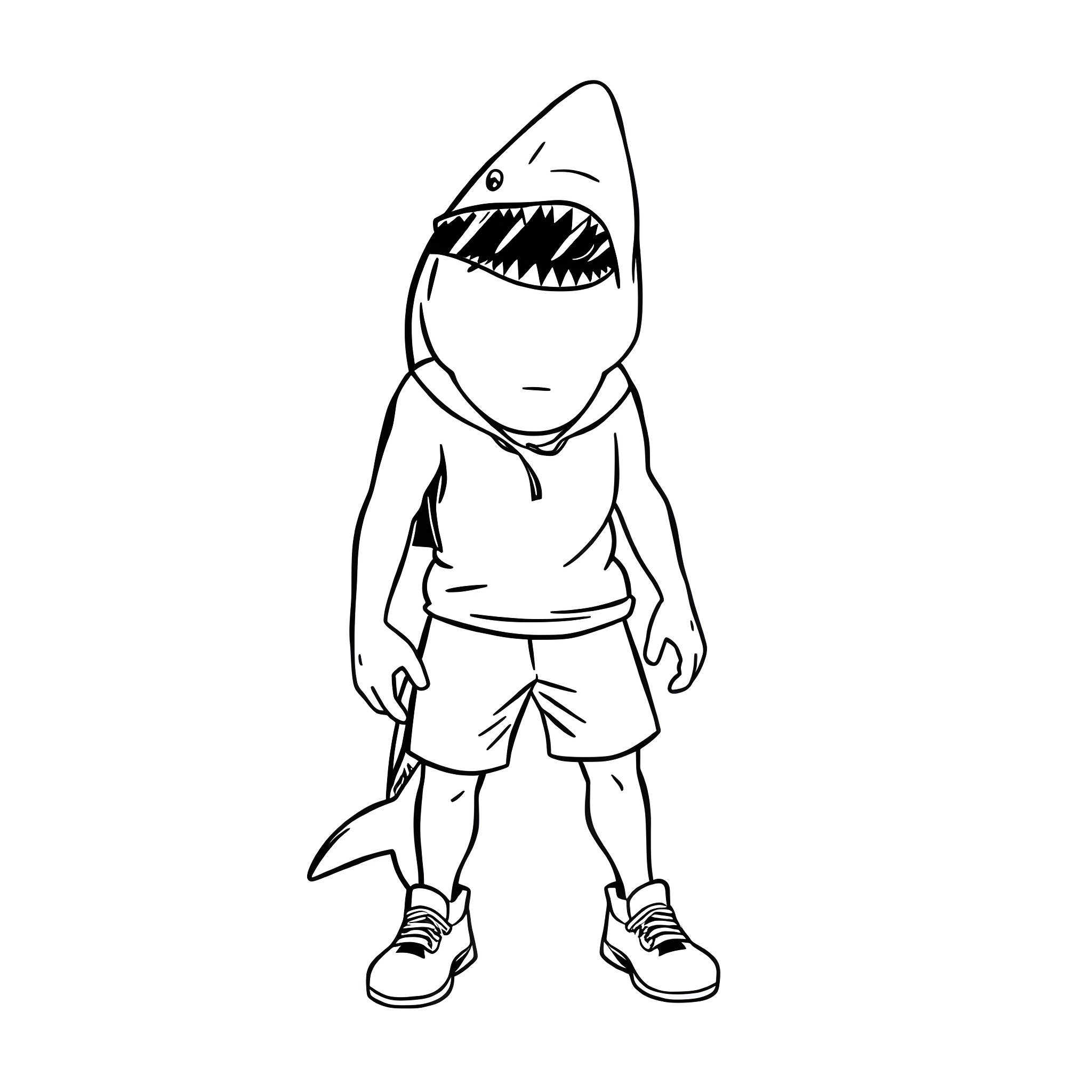 Shark-headed person in casual outfit Coloring Page (free black-and-white line drawing printable PDF for all, from beginners to advanced learners, including children, teens, adults, and seniors)