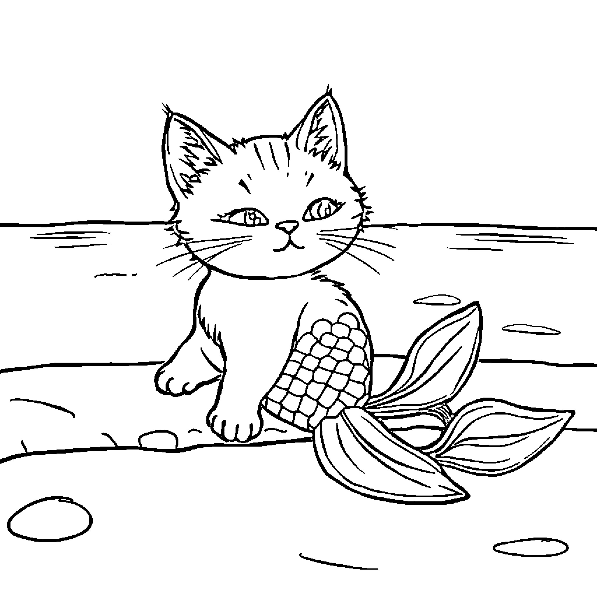 Mermaid Cat exploring the waters Coloring Page (free black-and-white line drawing printable PDF for all, from beginners to advanced learners, including children, teens, adults, and seniors)
