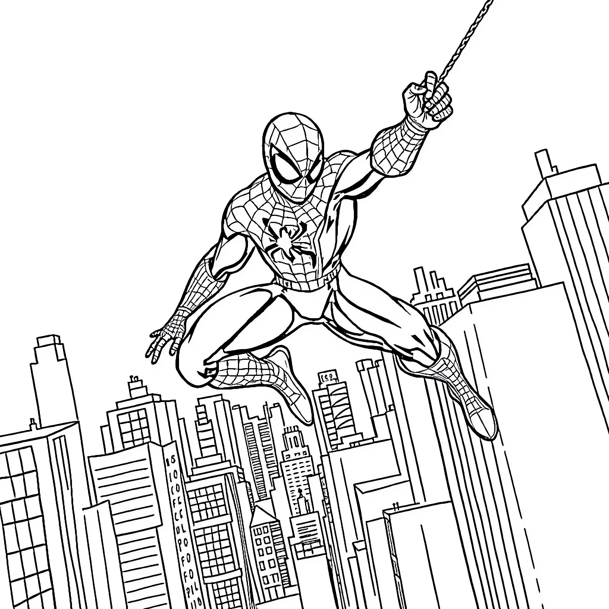 Spider-Man swinging through the city skyline Coloring Page (free black-and-white line drawing printable PDF for all, from beginners to advanced learners, including children, teens, adults, and seniors)