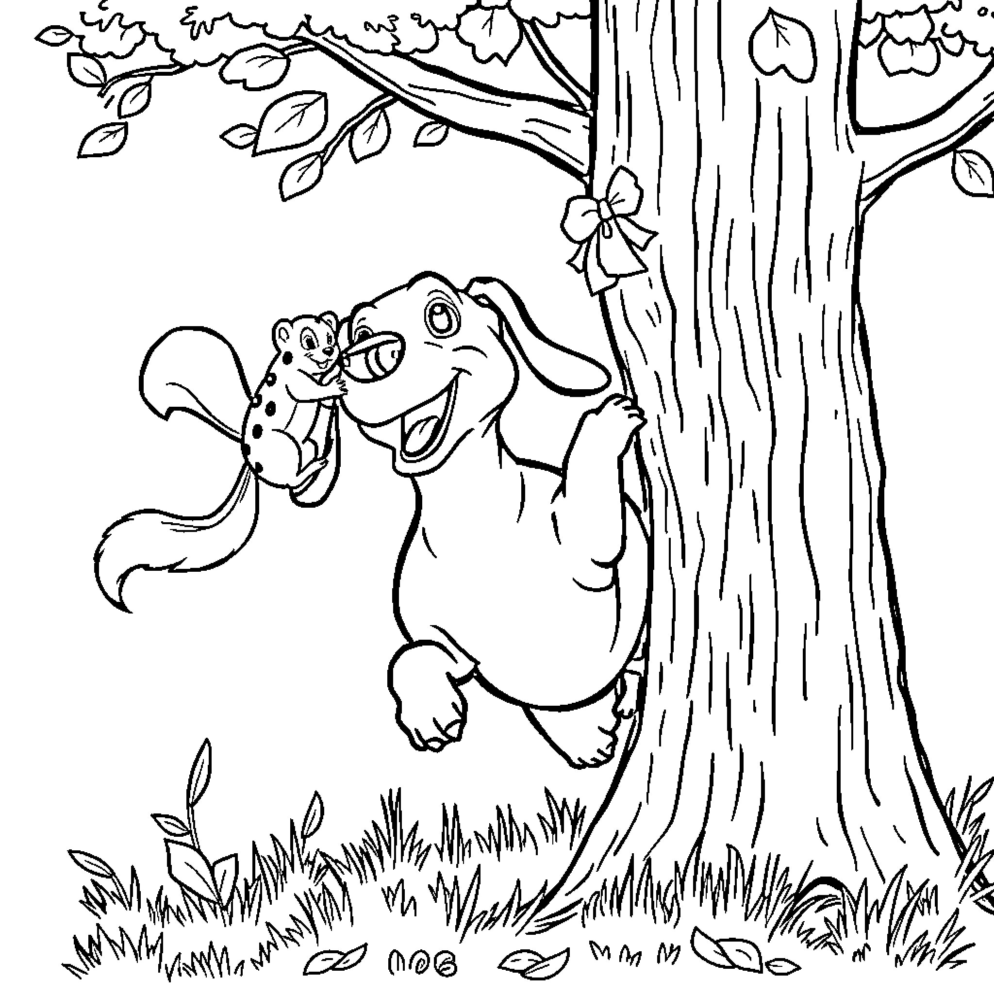 Dachshund playing joyfully in the forest Coloring Page (free black-and-white line drawing printable PDF for all, from beginners to advanced learners, including children, teens, adults, and seniors)