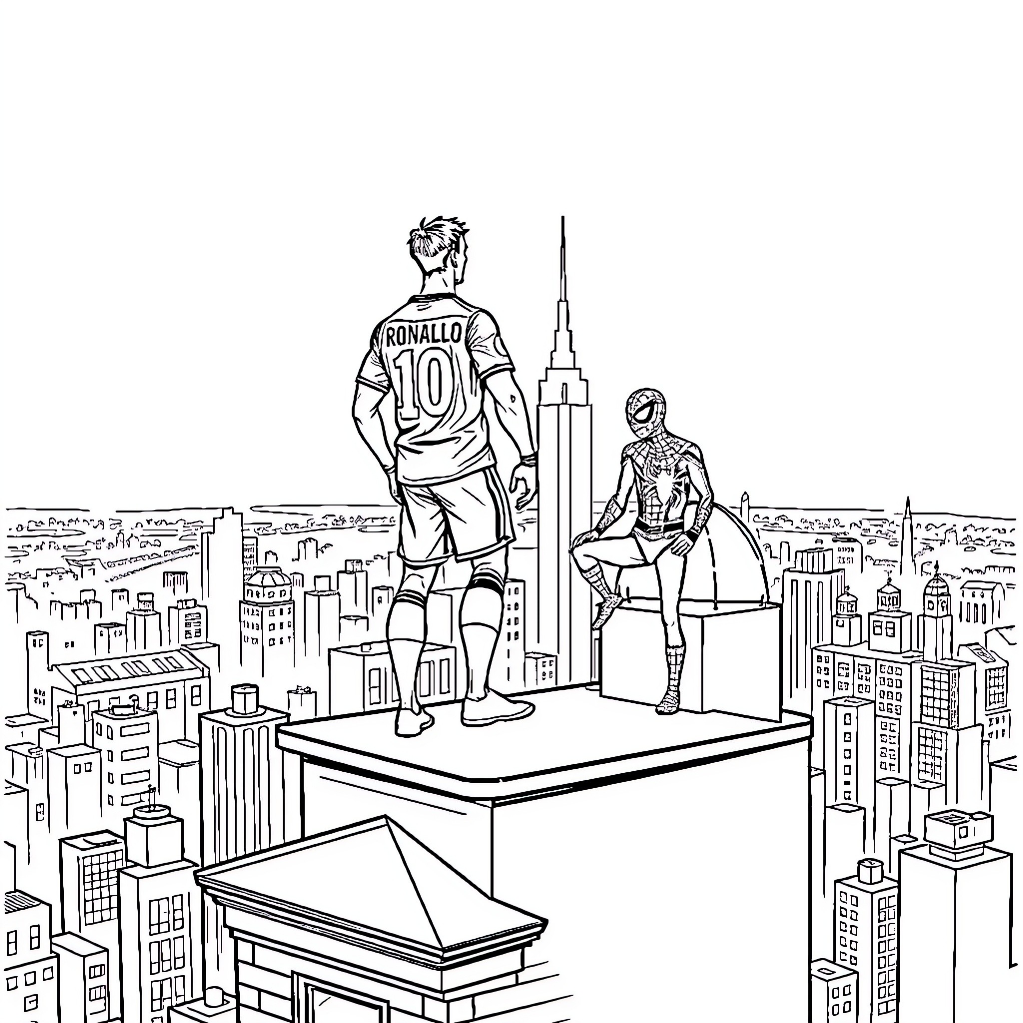 Ronaldo and Spiderman atop city skyscrapers Coloring Page (free black-and-white line drawing printable PDF for all, from beginners to advanced learners, including children, teens, adults, and seniors)