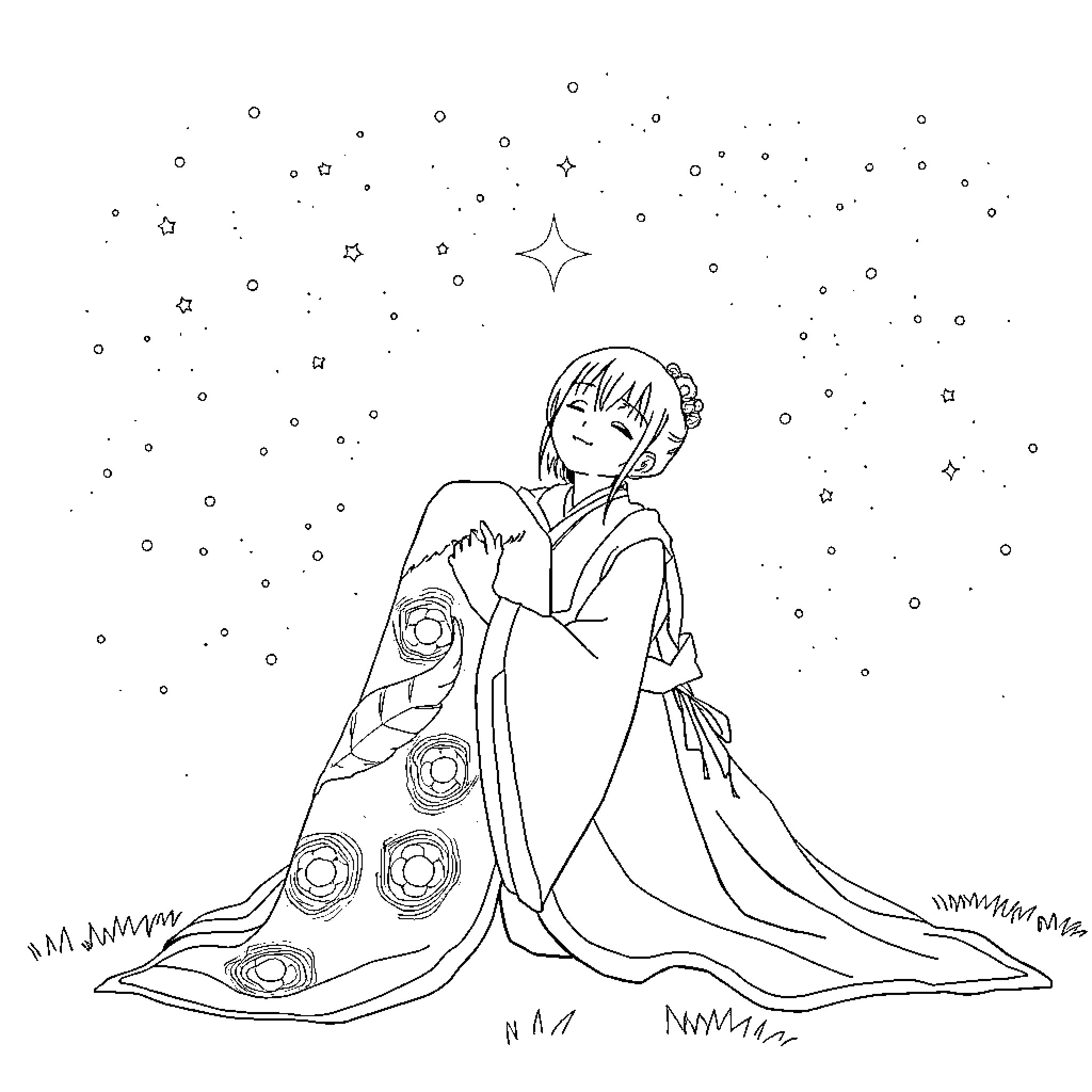Kaguya's Celestial Embrace Coloring Page (free black-and-white line drawing printable PDF for all, from beginners to advanced learners, including children, teens, adults, and seniors)