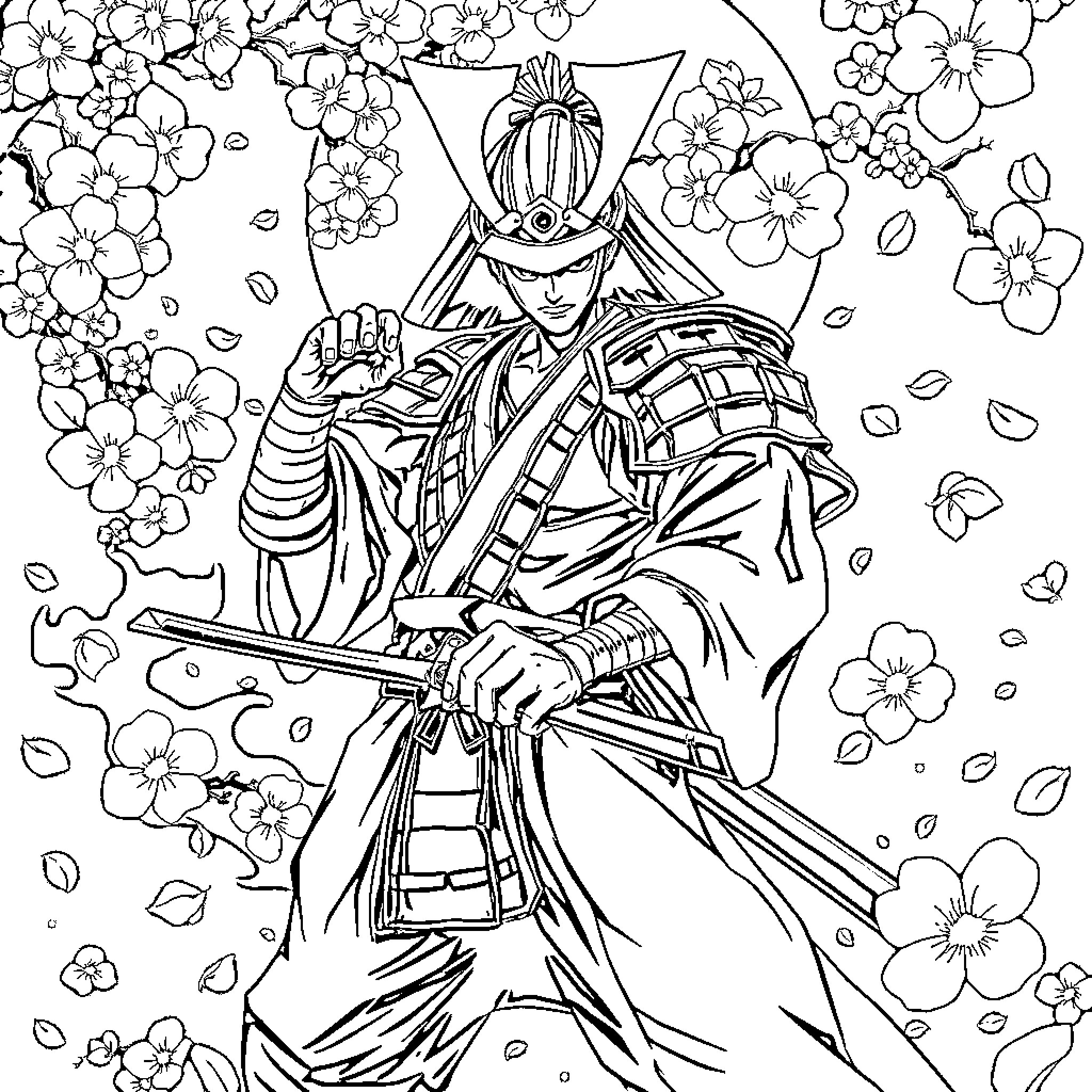 Samurai warrior in floral garden battle stance Coloring Page (free black-and-white line drawing printable PDF for all, from beginners to advanced learners, including children, teens, adults, and seniors)