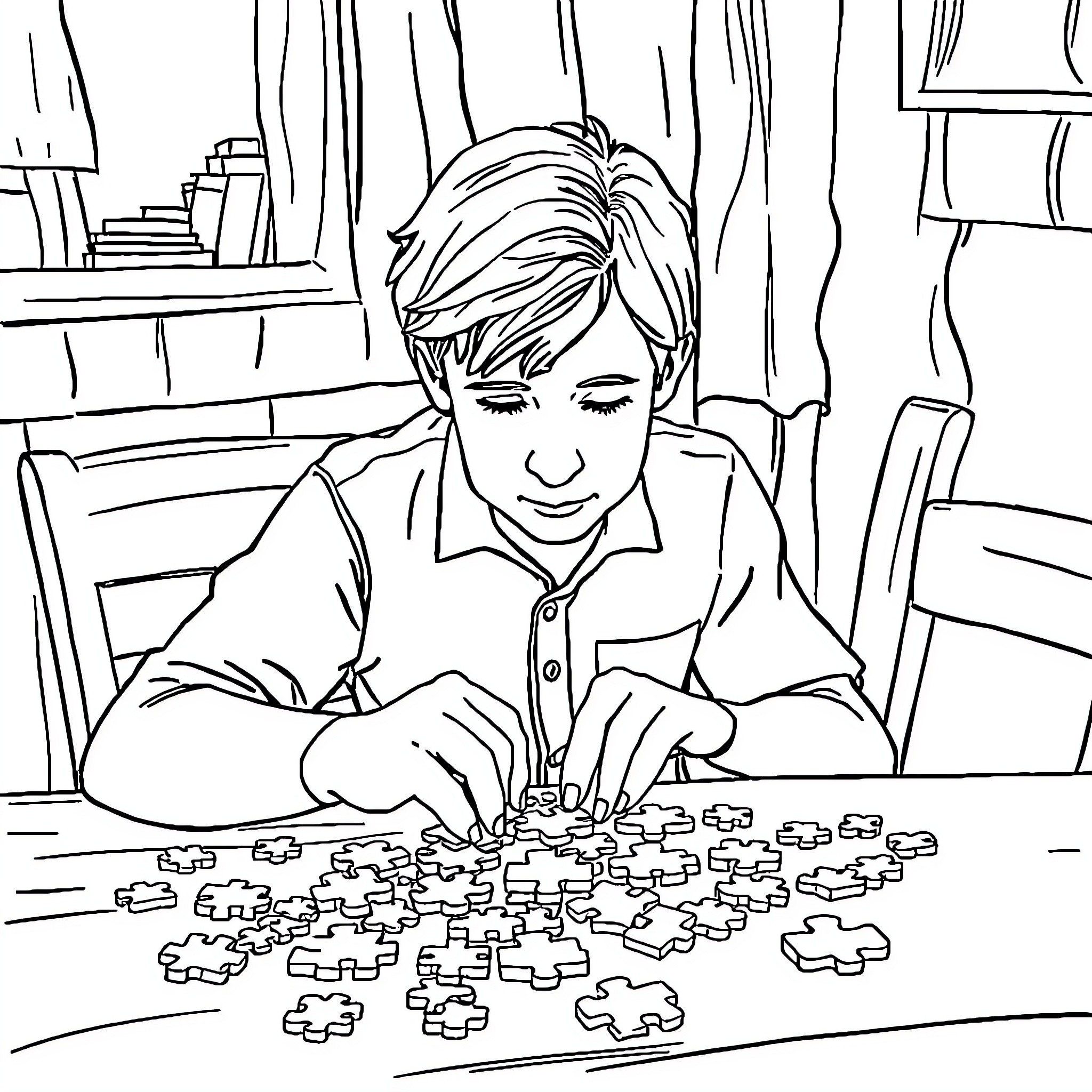 Owen Wilson assembling a puzzle in a cozy room Coloring Page (free black-and-white line drawing printable PDF for all, from beginners to advanced learners, including children, teens, adults, and seniors)