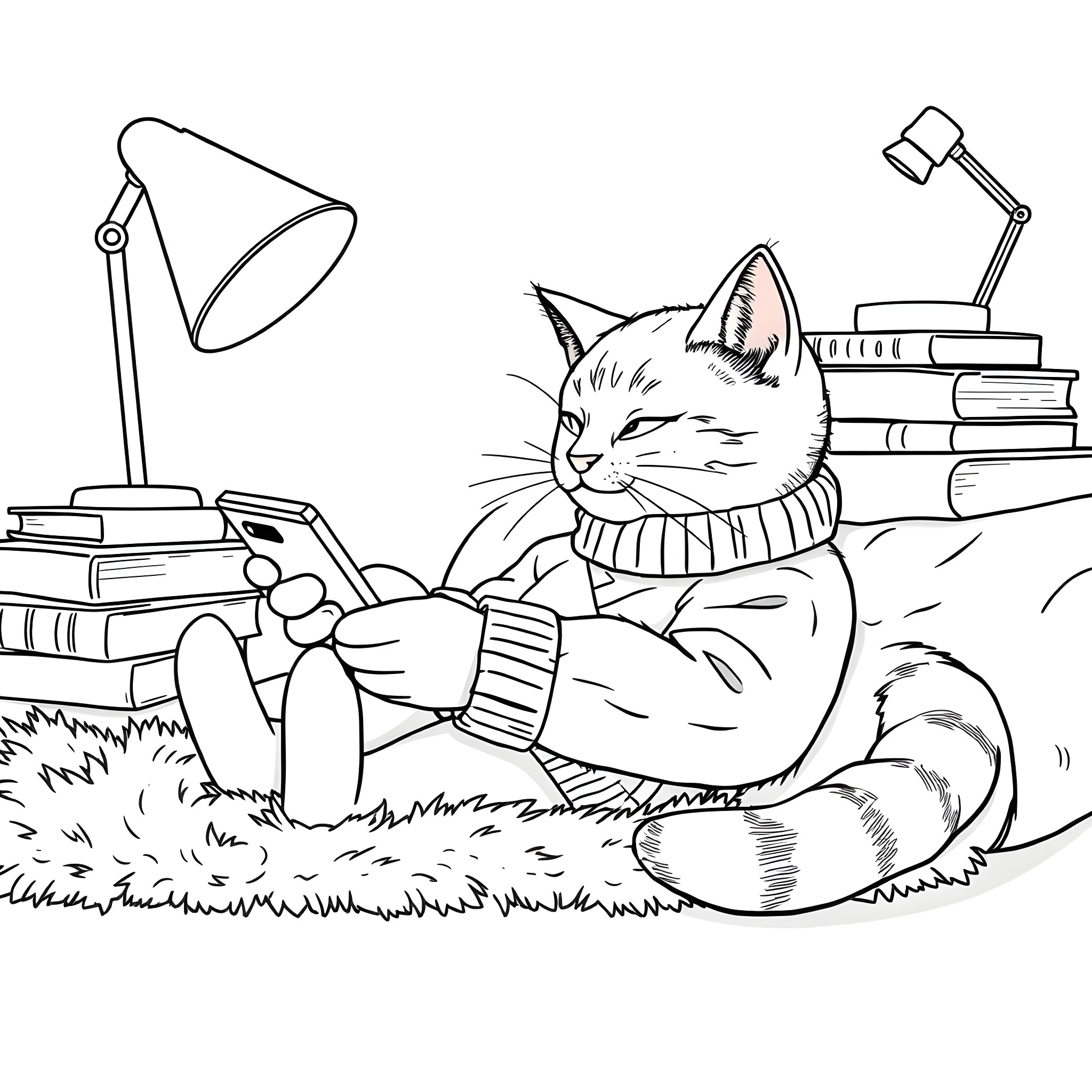 Cat relaxing cozy with books and lamps Coloring Page (free black-and-white line drawing printable PDF for all, from beginners to advanced learners, including children, teens, adults, and seniors)