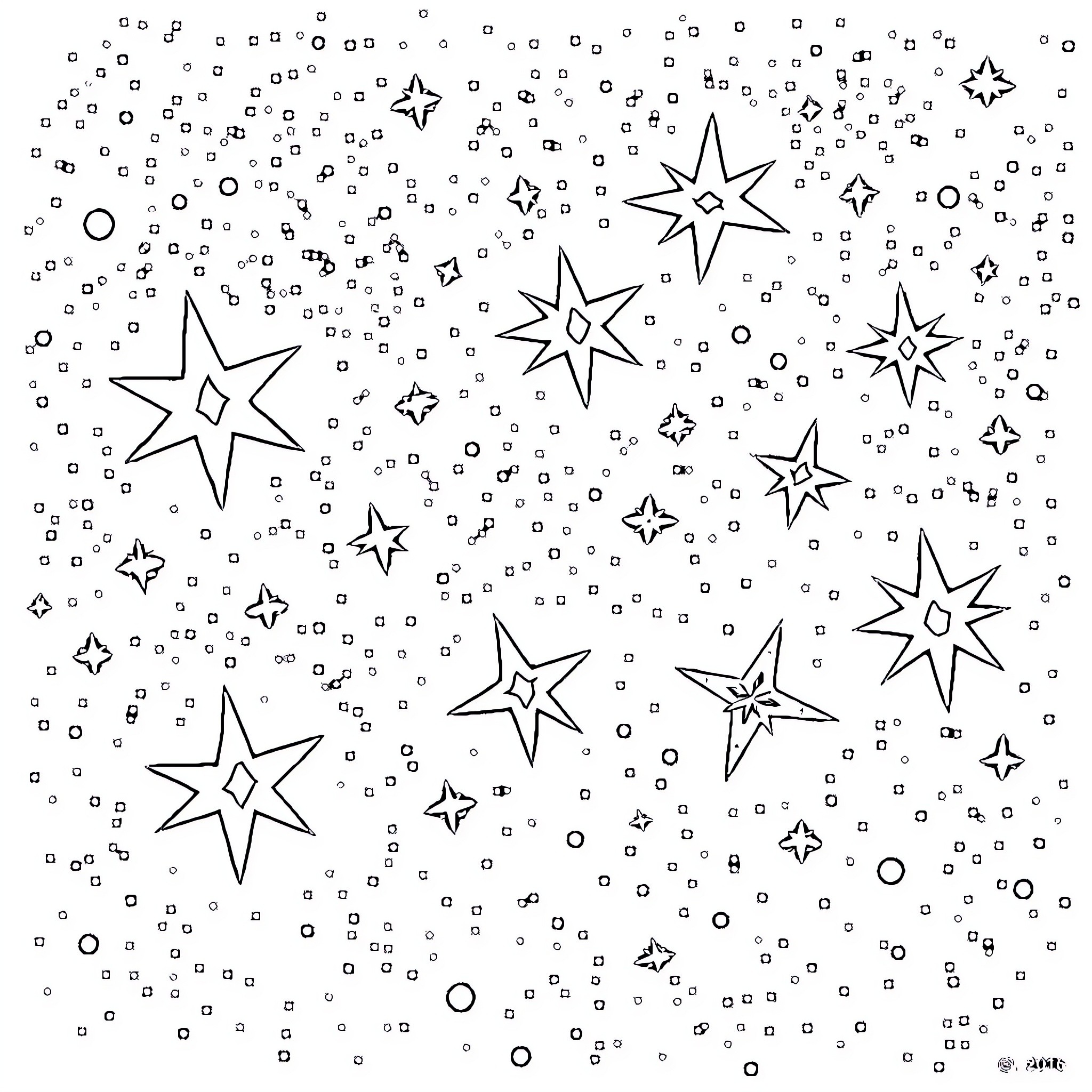 Star-filled night sky with twinkling stars Coloring Page (free black-and-white line drawing printable PDF for all, from beginners to advanced learners, including children, teens, adults, and seniors)