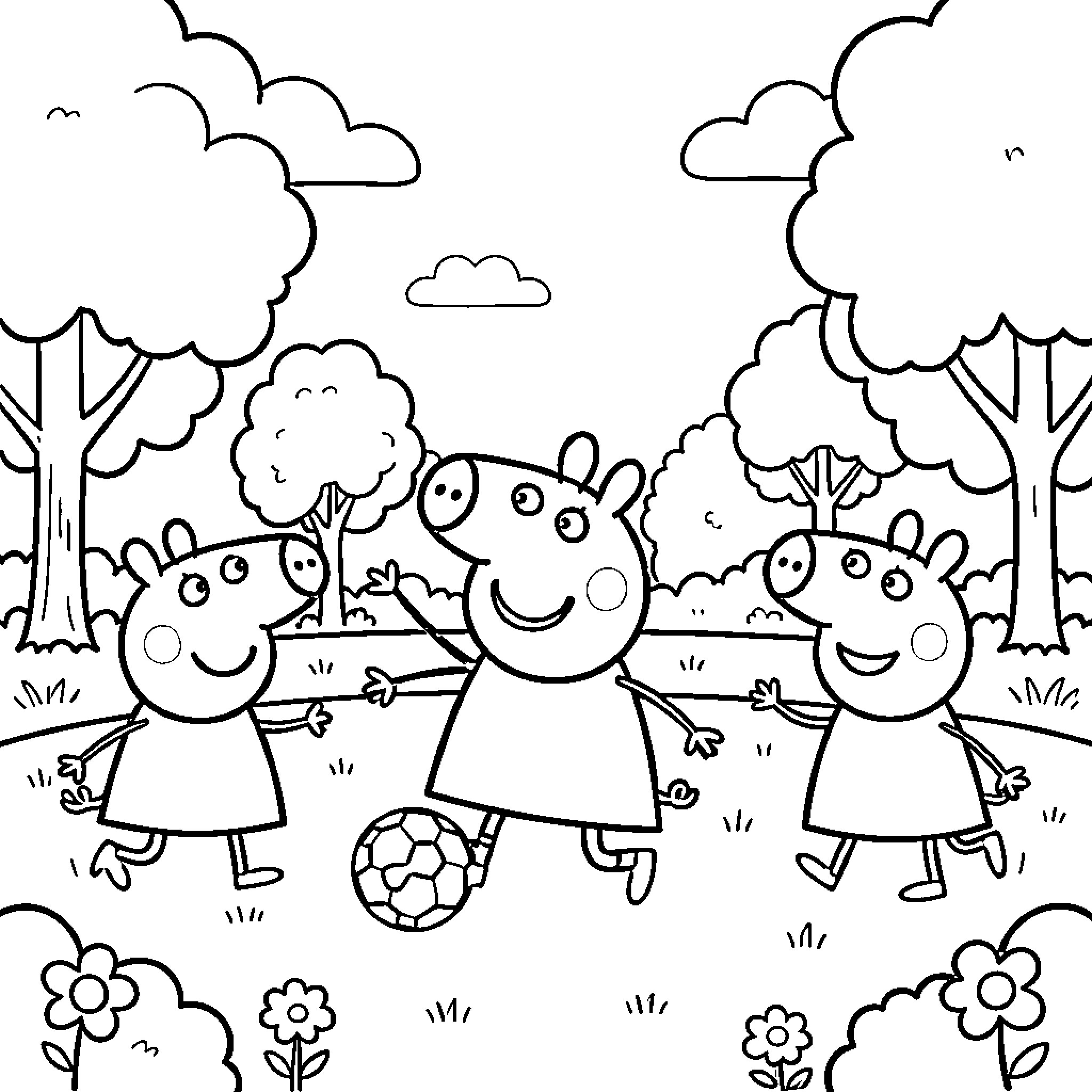 Peppa Pig and friends playing in the park Coloring Page (free black-and-white line drawing printable PDF for all, from beginners to advanced learners, including children, teens, adults, and seniors)
