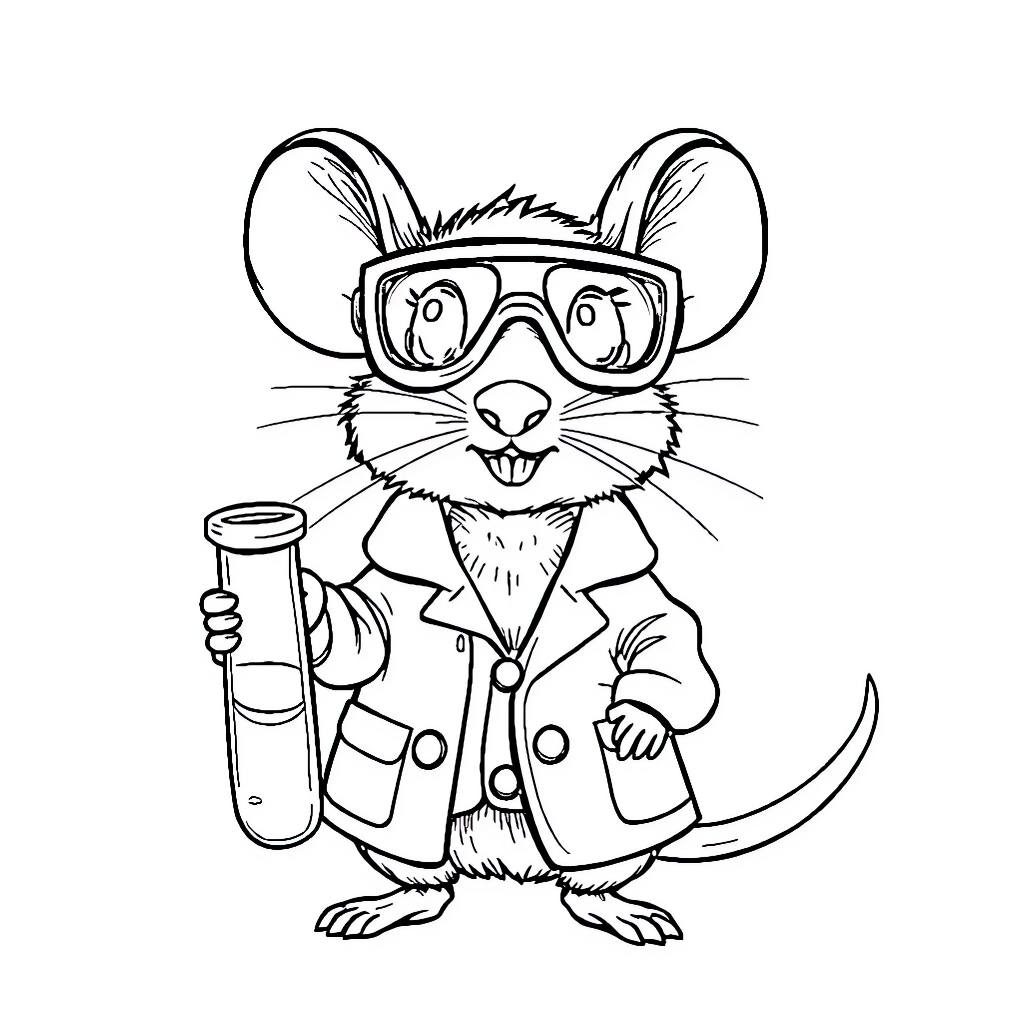 Mouse scientist in lab coat holding test tube Coloring Page (free black-and-white line drawing printable PDF for all, from beginners to advanced learners, including children, teens, adults, and seniors)