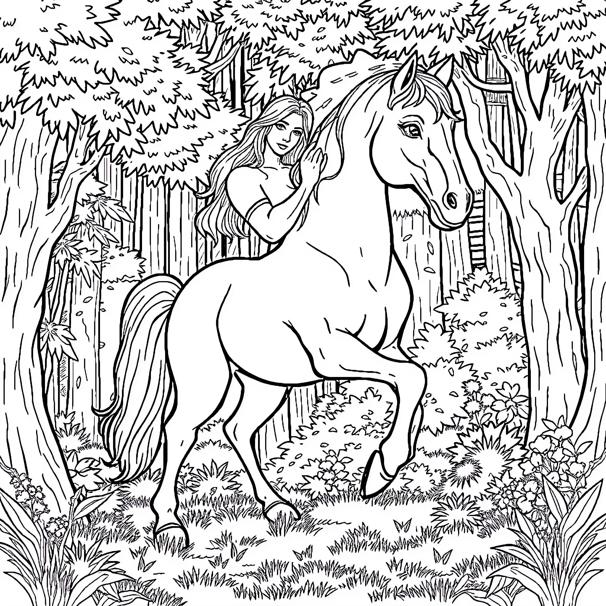 Centaur and Maiden Interacting in Enchanted Forest Coloring Page (free black-and-white line drawing printable PDF for all, from beginners to advanced learners, including children, teens, adults, and seniors)