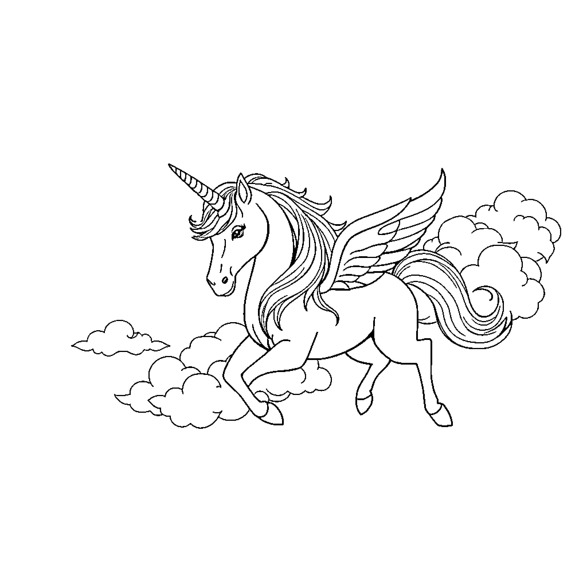 Unicorn soaring through the clouds Coloring Page (free black-and-white line drawing printable PDF for all, from beginners to advanced learners, including children, teens, adults, and seniors)
