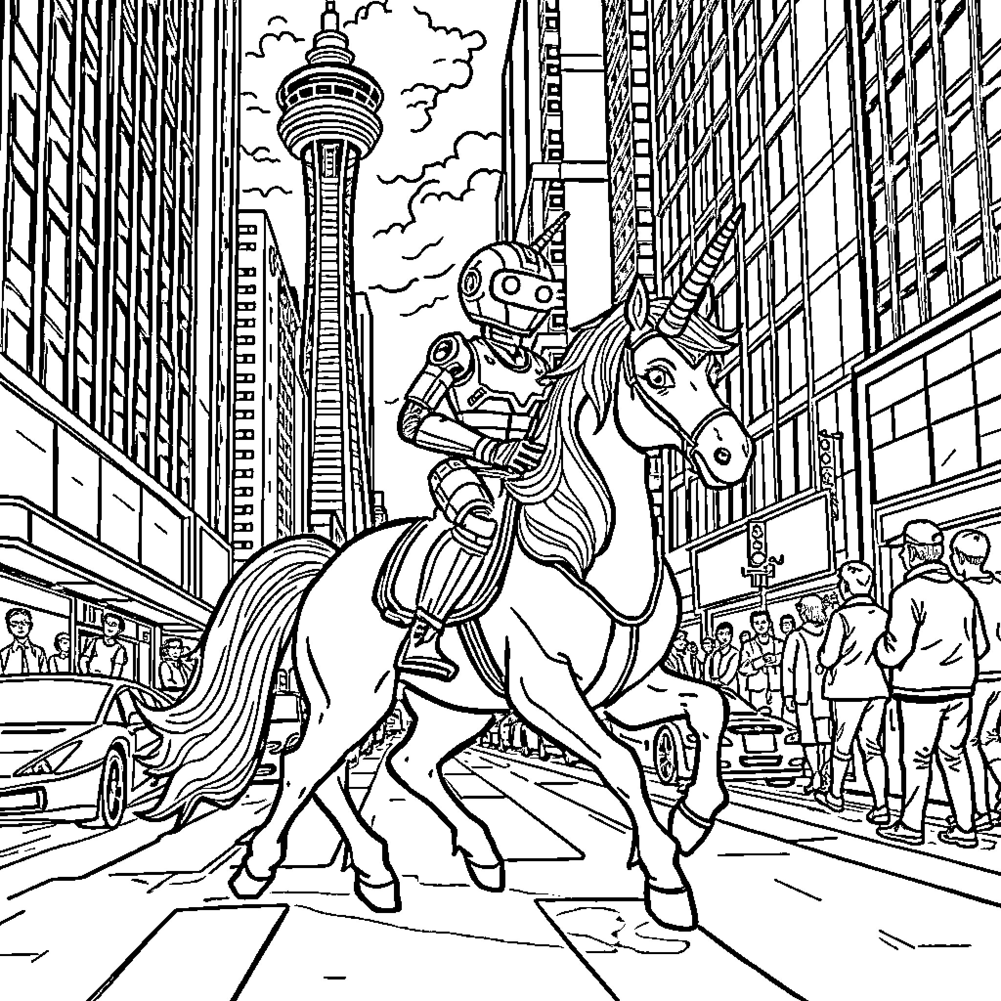 Robot riding a robotic unicorn in a city scene Coloring Page (free black-and-white line drawing printable PDF for all, from beginners to advanced learners, including children, teens, adults, and seniors)