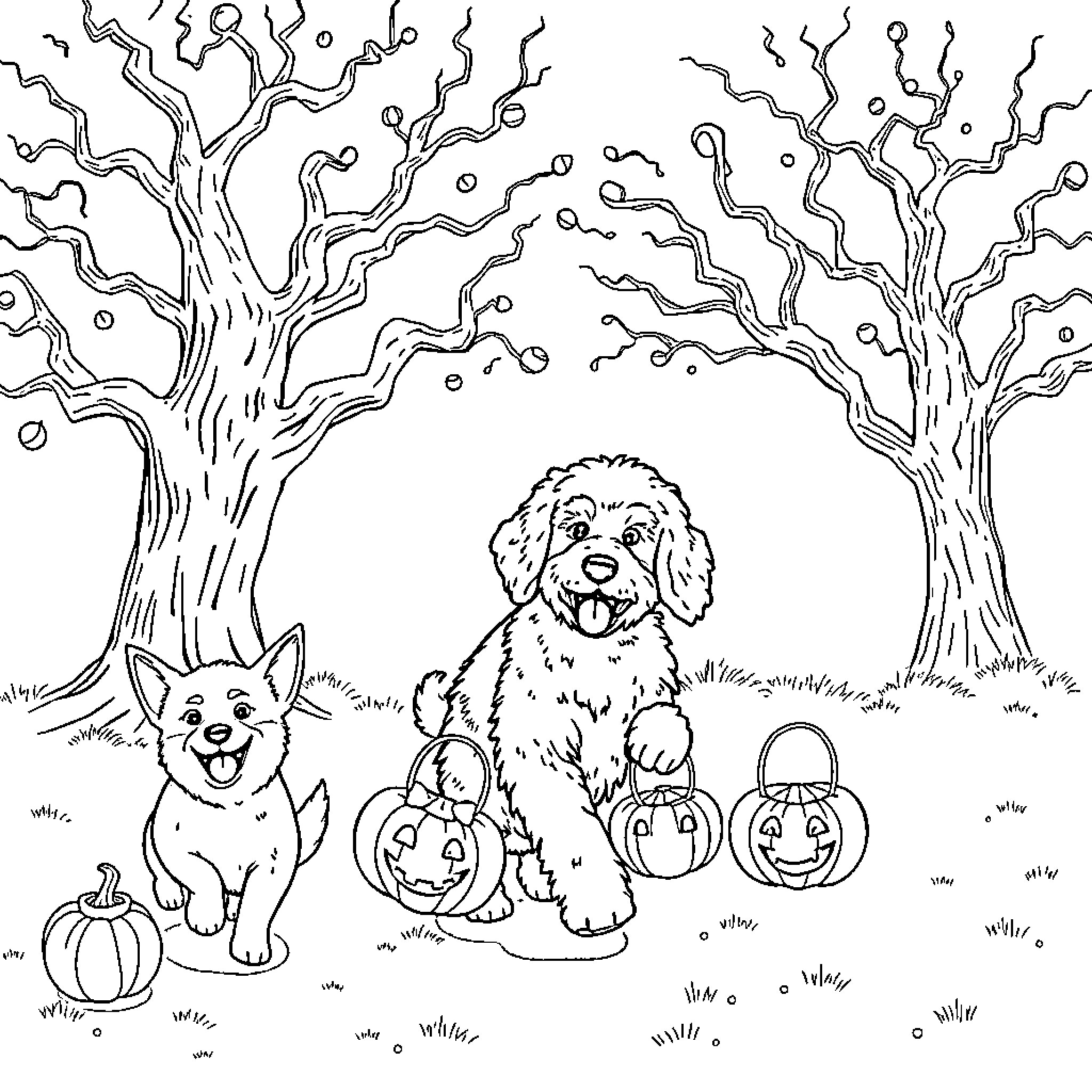 Dog and friends celebrate Halloween in the woods Coloring Page (free black-and-white line drawing printable PDF for all, from beginners to advanced learners, including children, teens, adults, and seniors)