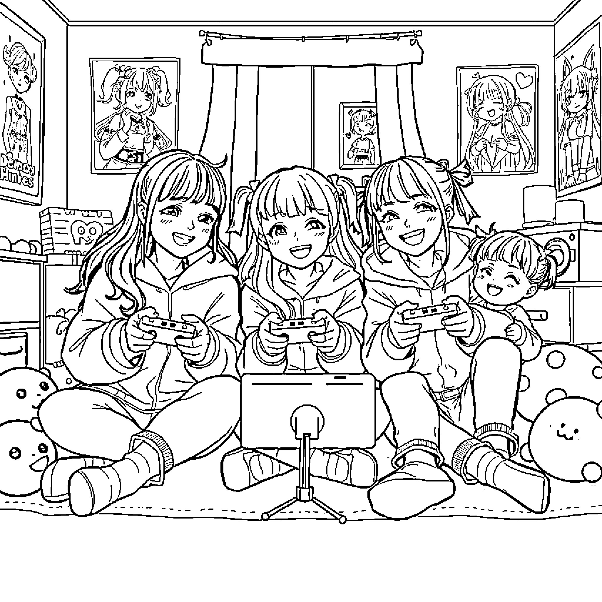 K-Pop Demon Hunters Enjoy Gaming Together Coloring Page (free black-and-white line drawing printable PDF for all, from beginners to advanced learners, including children, teens, adults, and seniors)