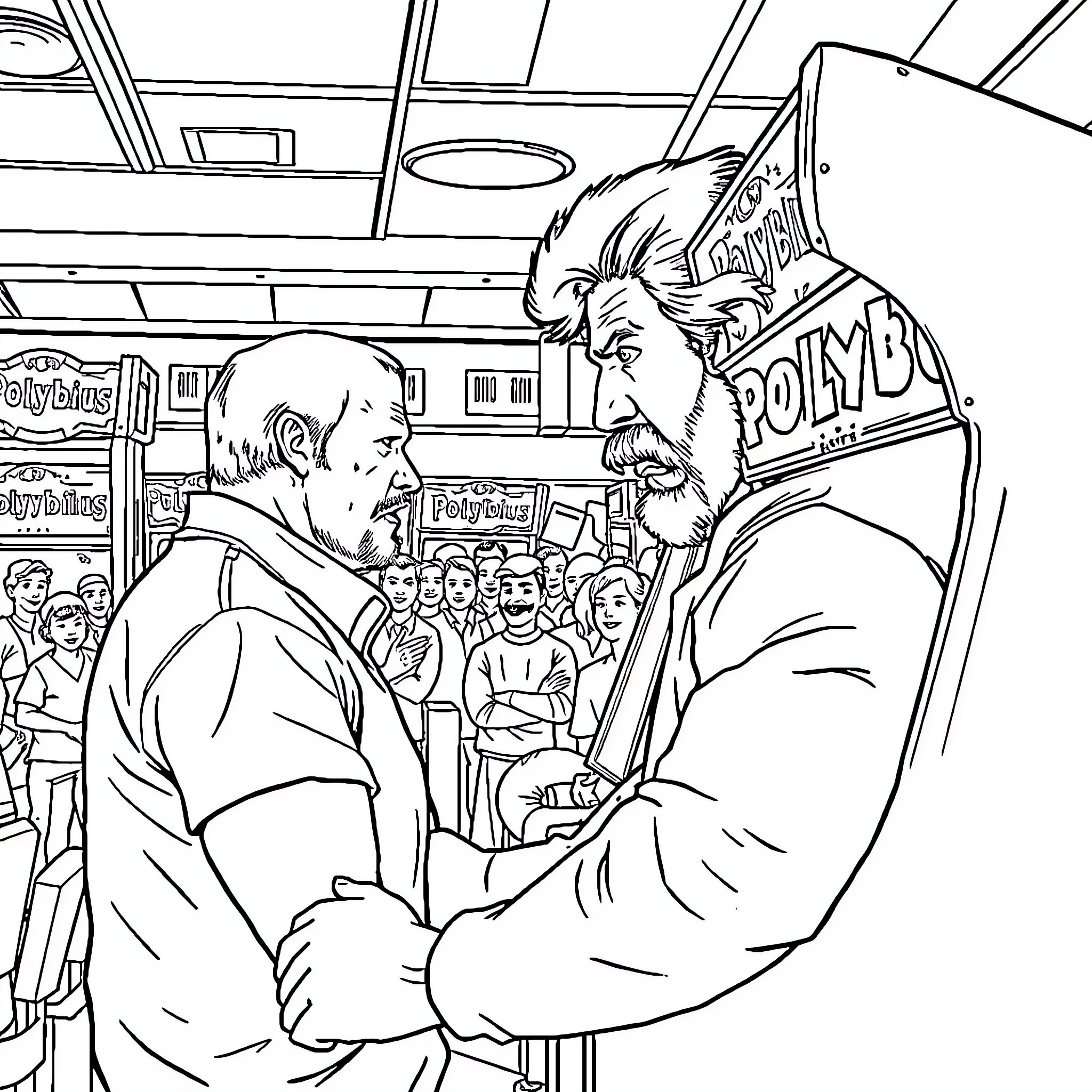Chuck Norris and Bearded Man Debating in Crowded Scene Coloring Page (free black-and-white line drawing printable PDF for all, from beginners to advanced learners, including children, teens, adults, and seniors)