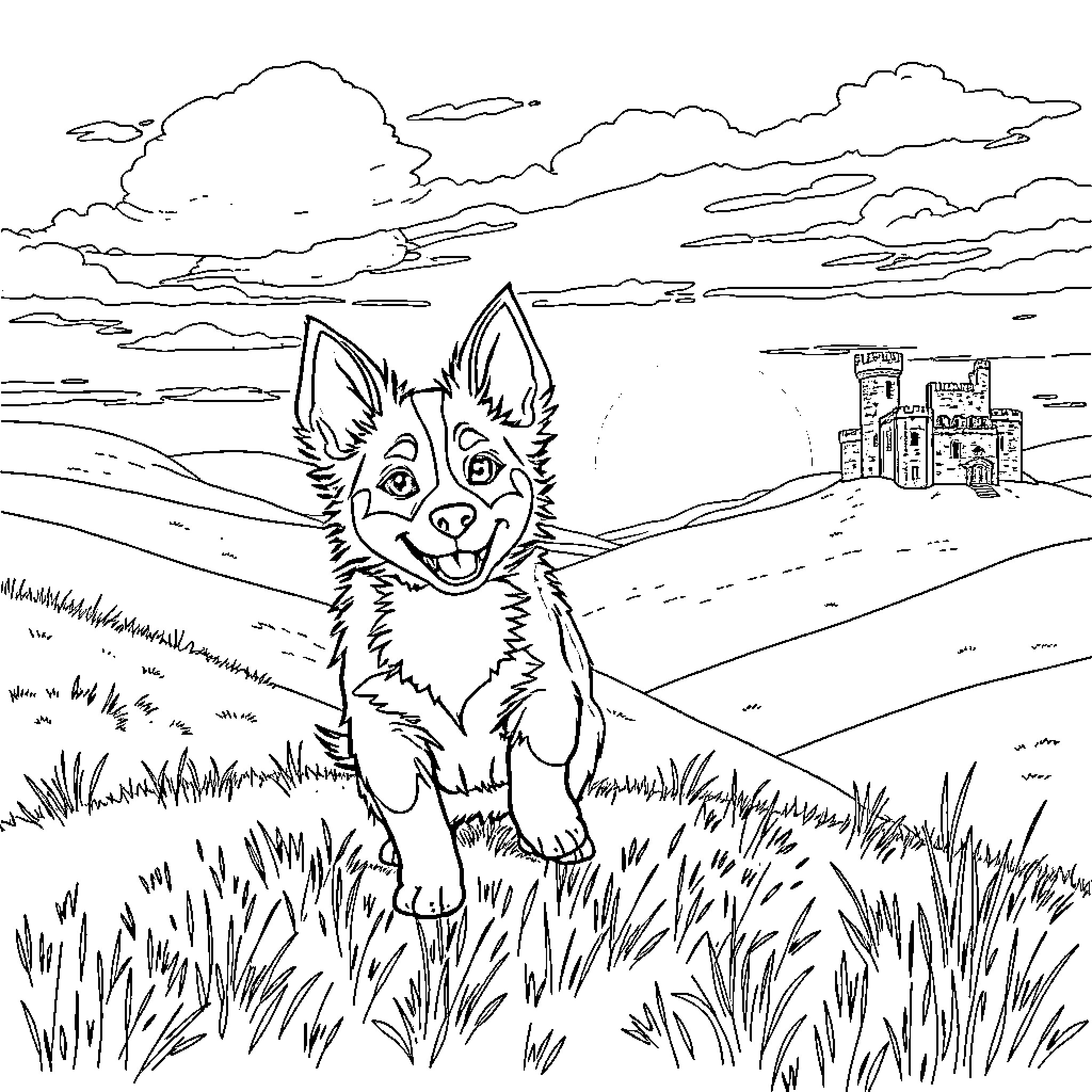 Bluey exploring the grassy field with a castle in the distance Coloring Page (free black-and-white line drawing printable PDF for all, from beginners to advanced learners, including children, teens, adults, and seniors)