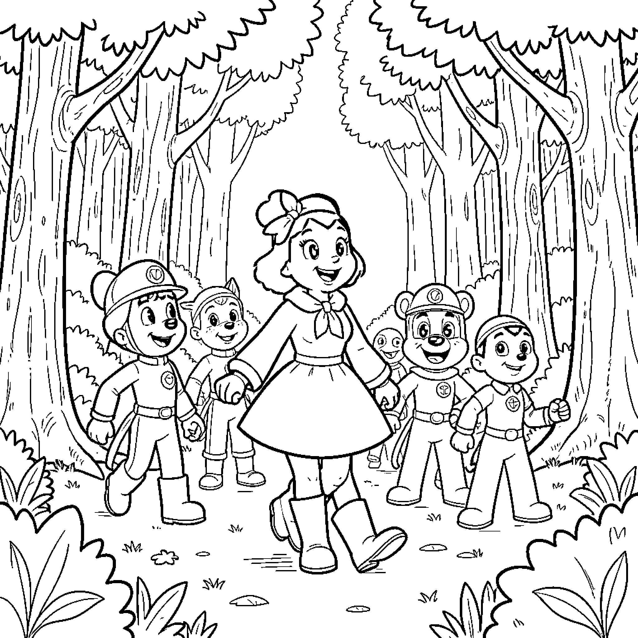 Red Riding Hood walking happily through the forest Coloring Page (free black-and-white line drawing printable PDF for all, from beginners to advanced learners, including children, teens, adults, and seniors)