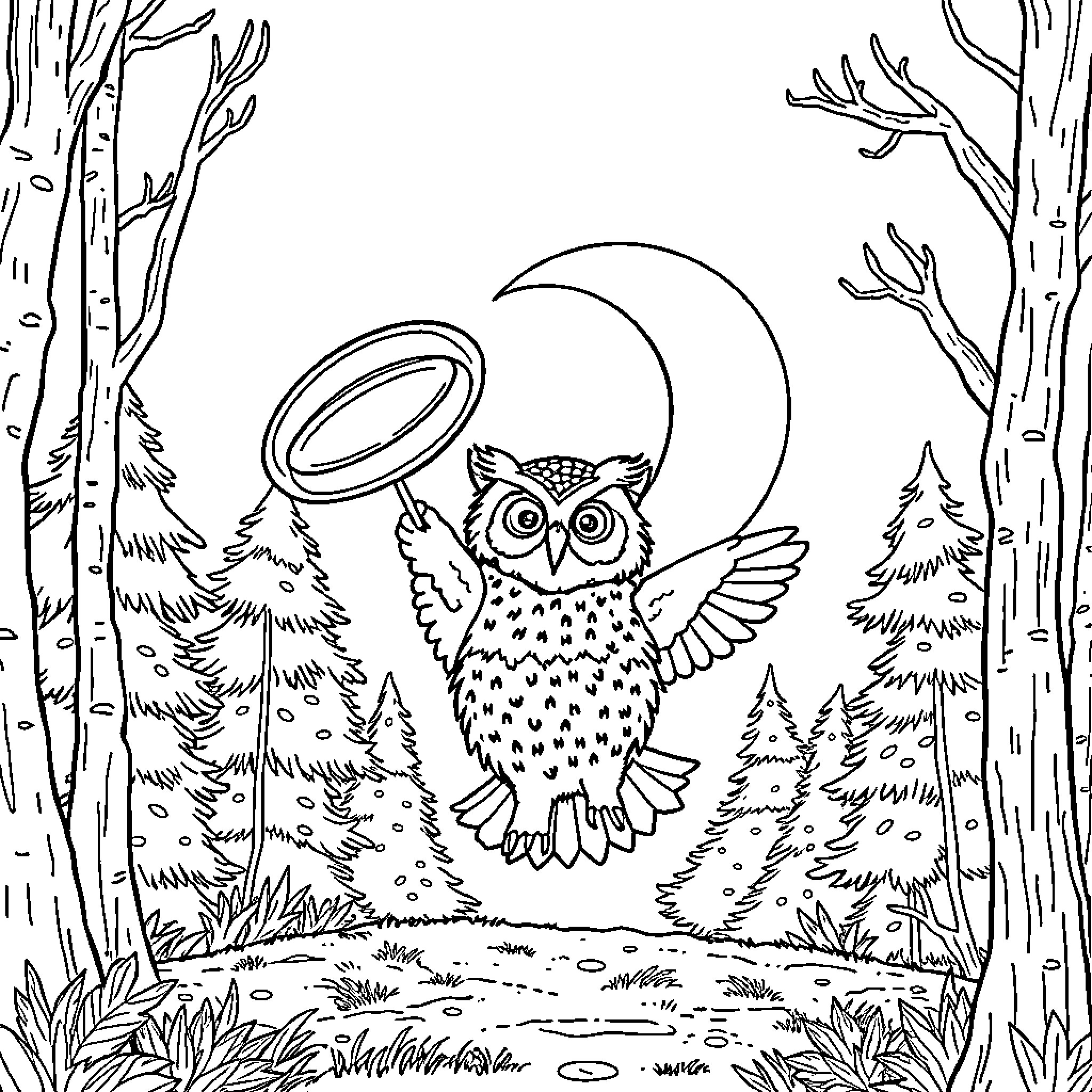 Owl in Enchanted Forest at Night Coloring Page (free black-and-white line drawing printable PDF for all, from beginners to advanced learners, including children, teens, adults, and seniors)