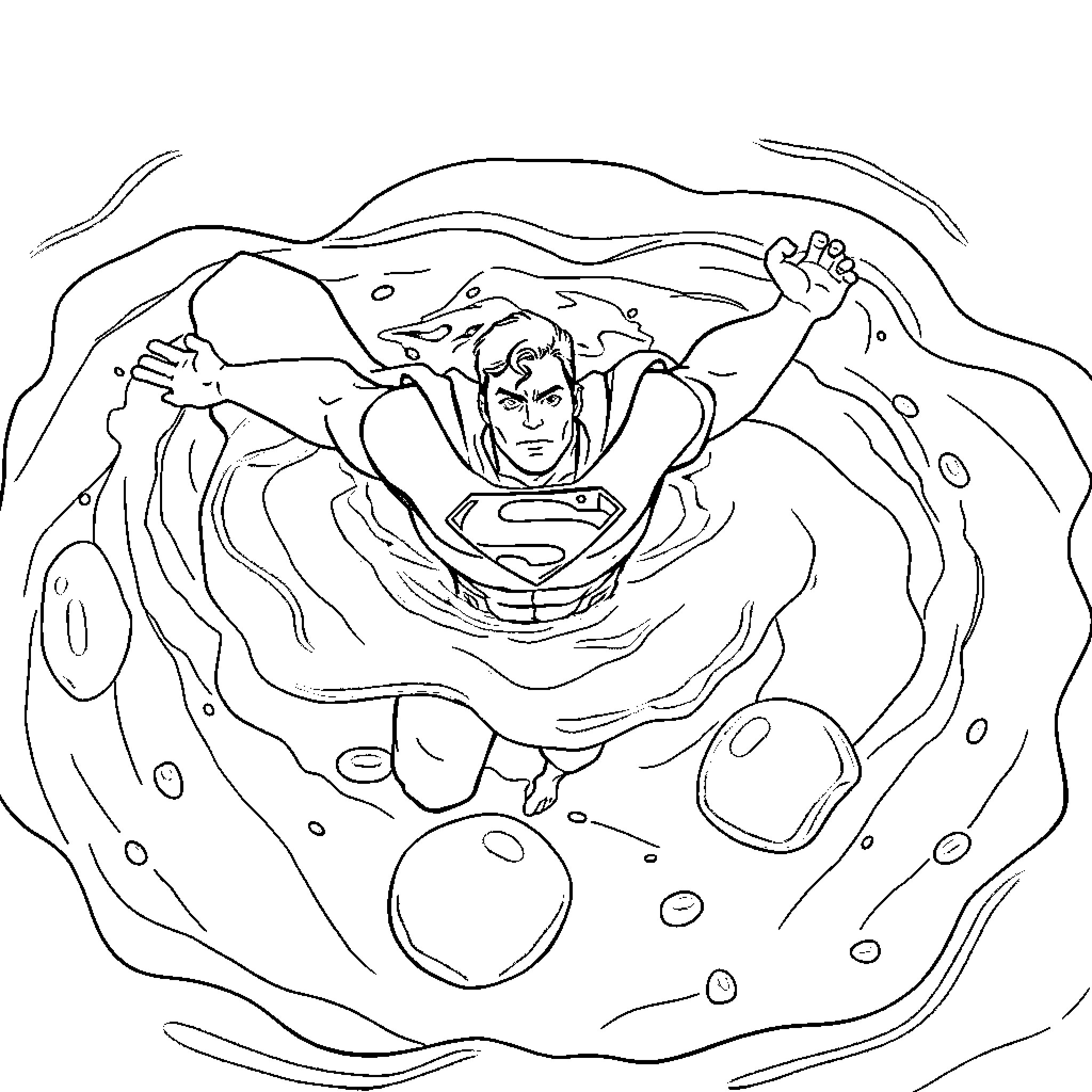 Superman soaring heroically through cosmic space Coloring Page (free black-and-white line drawing printable PDF for all, from beginners to advanced learners, including children, teens, adults, and seniors)
