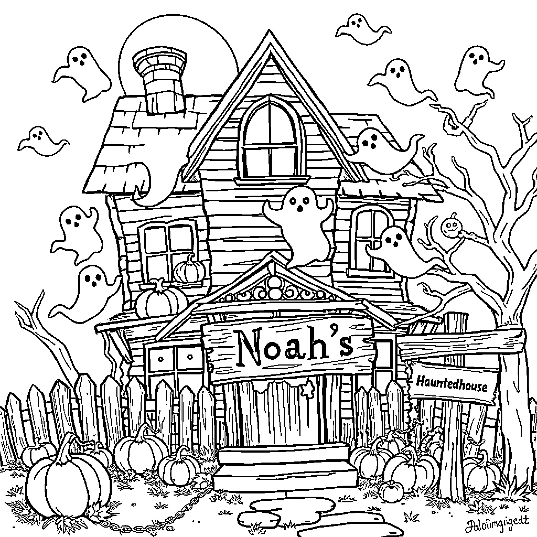 Haunted House with Ghostly Residents and Pumpkins Coloring Page (free black-and-white line drawing printable PDF for all, from beginners to advanced learners, including children, teens, adults, and seniors)