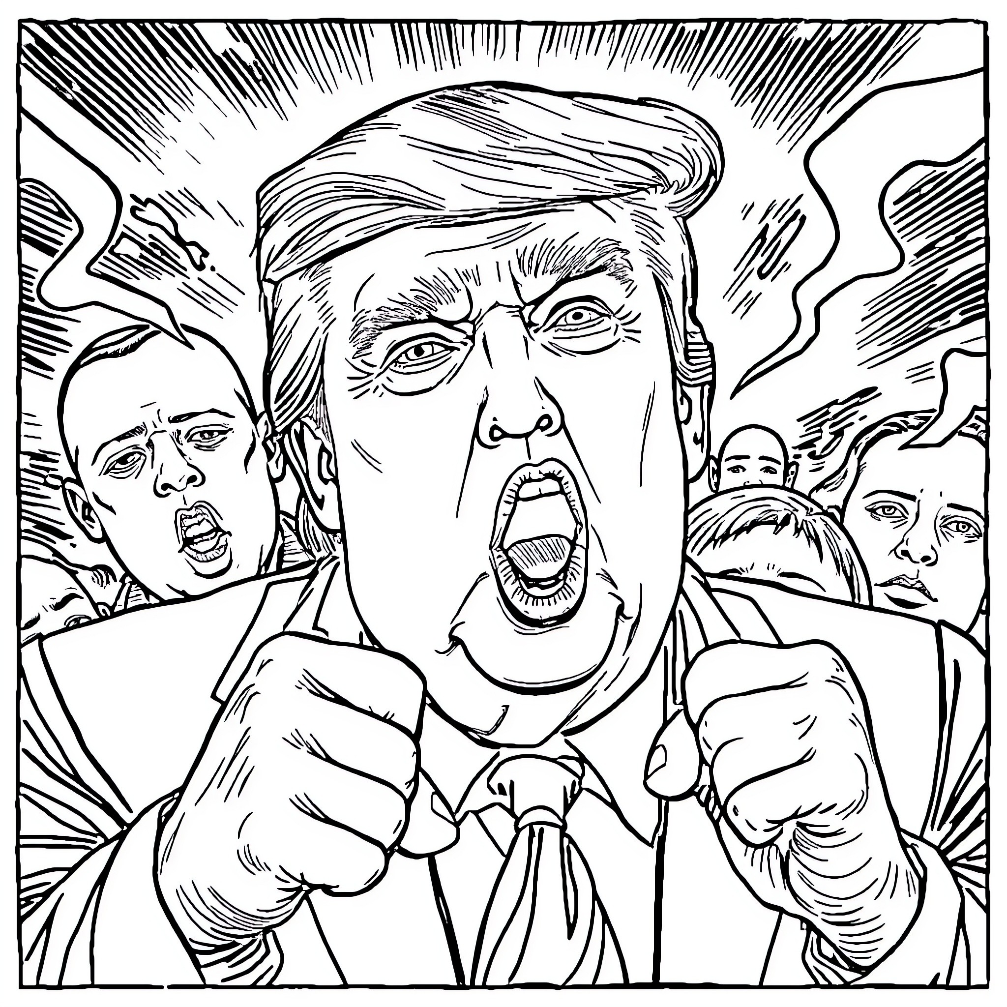 Trump angrily shouting with supporters in the background Coloring Page (free black-and-white line drawing printable PDF for all, from beginners to advanced learners, including children, teens, adults, and seniors)