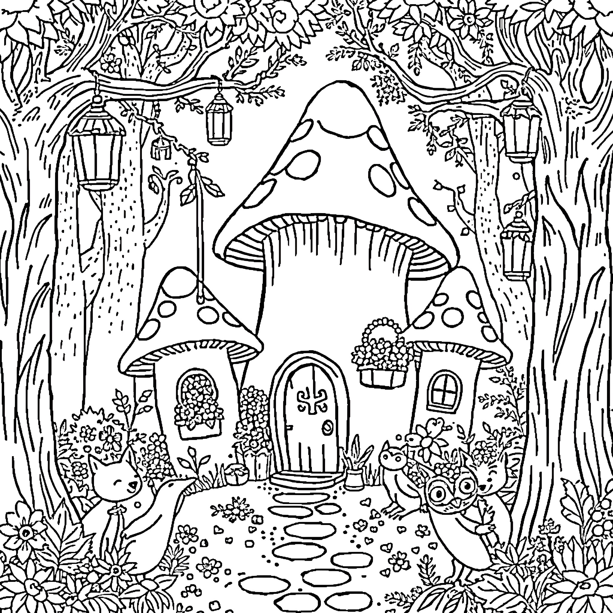 Mushroom Fairies in the Enchanted Forest Coloring Page (free black-and-white line drawing printable PDF for all, from beginners to advanced learners, including children, teens, adults, and seniors)